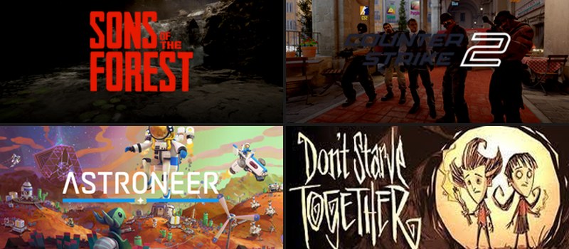 Sons of the Forest, Counter-Strike 2, Astroneer and Don't Starve Together key art
