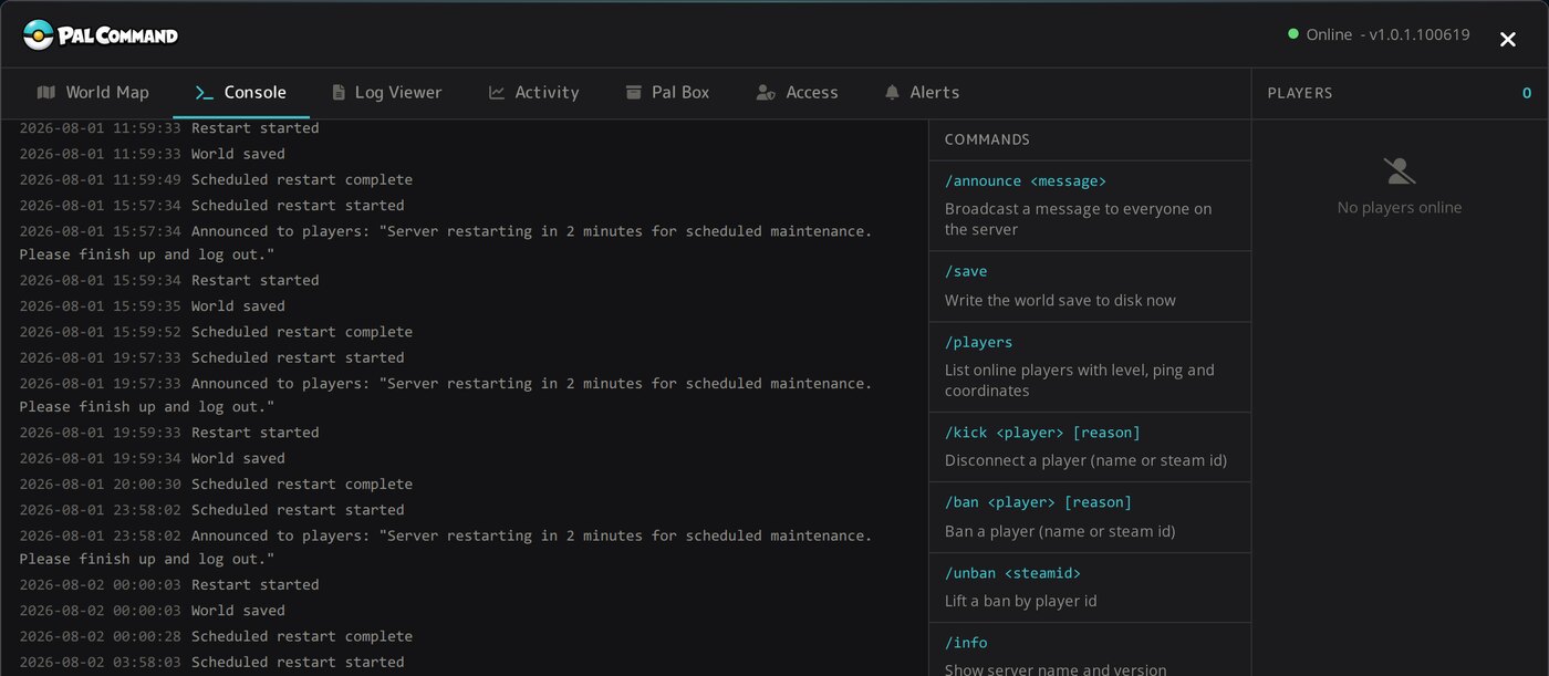 The Pal Command admin console with its live server log and command reference