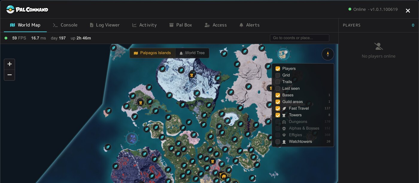 The Pal Command live world map with fast travel points, towers and base markers