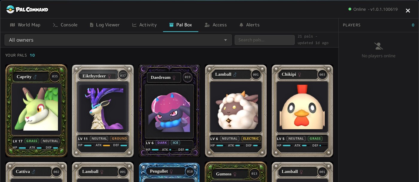 The Pal Box in Pal Command, showing captured Pals as collectible cards with level, elements and stats
