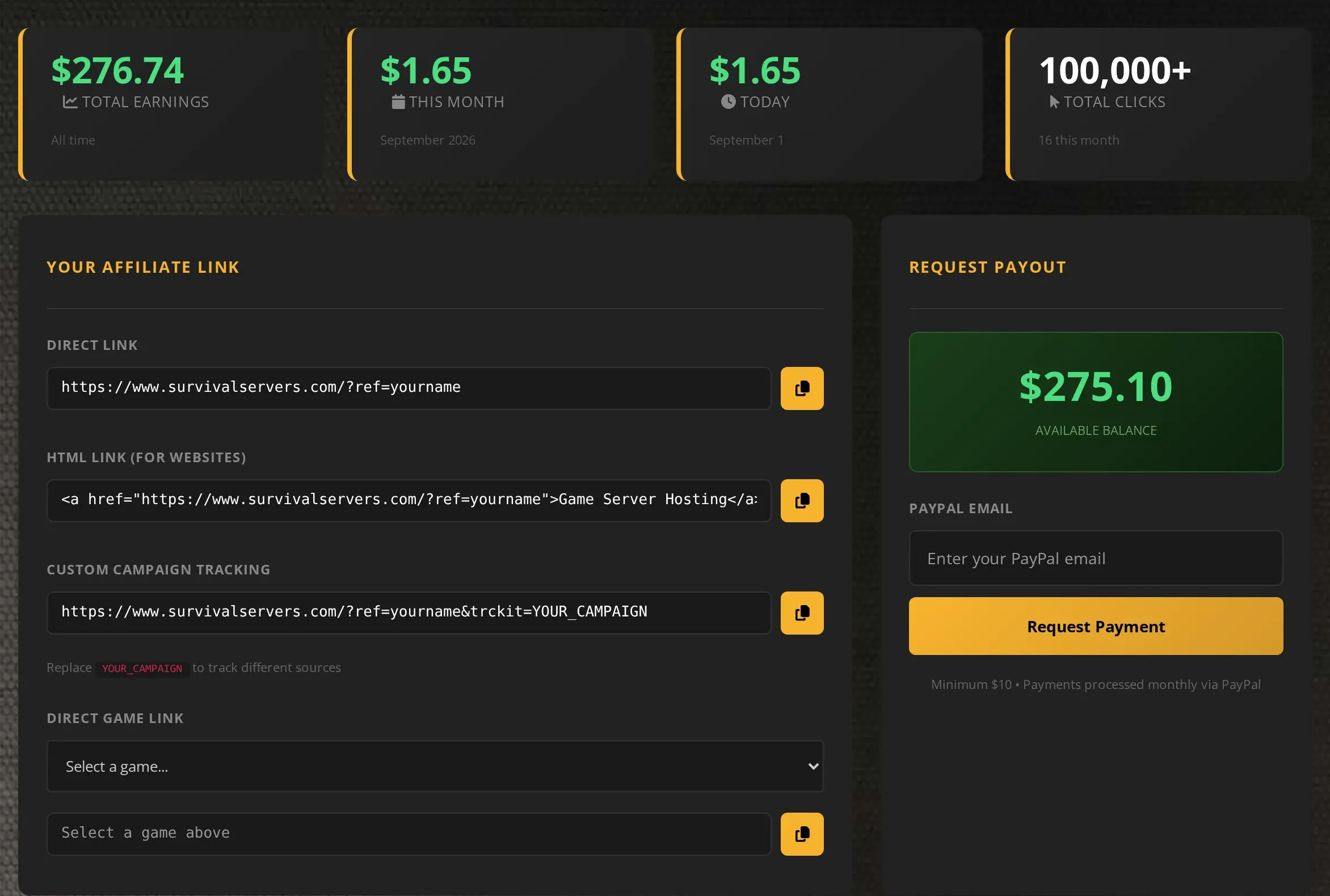 The Affiliates tab in the Command Center: earnings, the affiliate link tools with campaign tracking and per-game links, and a payout request