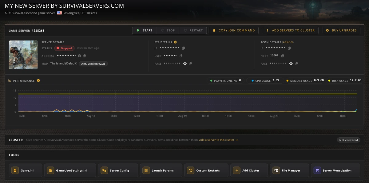 ARK: Survival Ascended dedicated server in the Survival Servers control panel