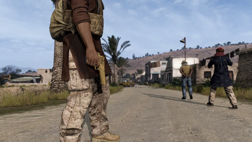 Survivors in a standoff on a desert street in DayZ Badlands