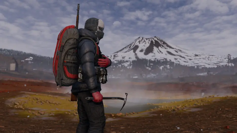 Un survivant près d’un champ géothermique fumant sur Sakhal dans DayZ Frostline