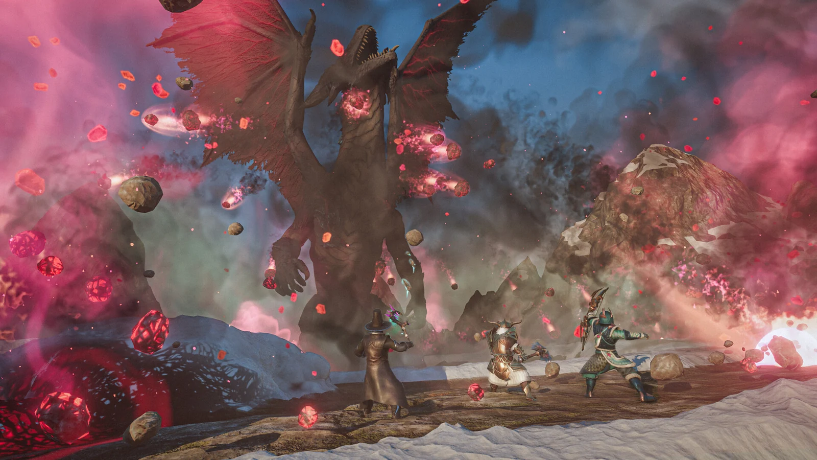 Players fighting the Fell Dragon Youngling in Enshrouded, the boss Keen is reworking for 1.0