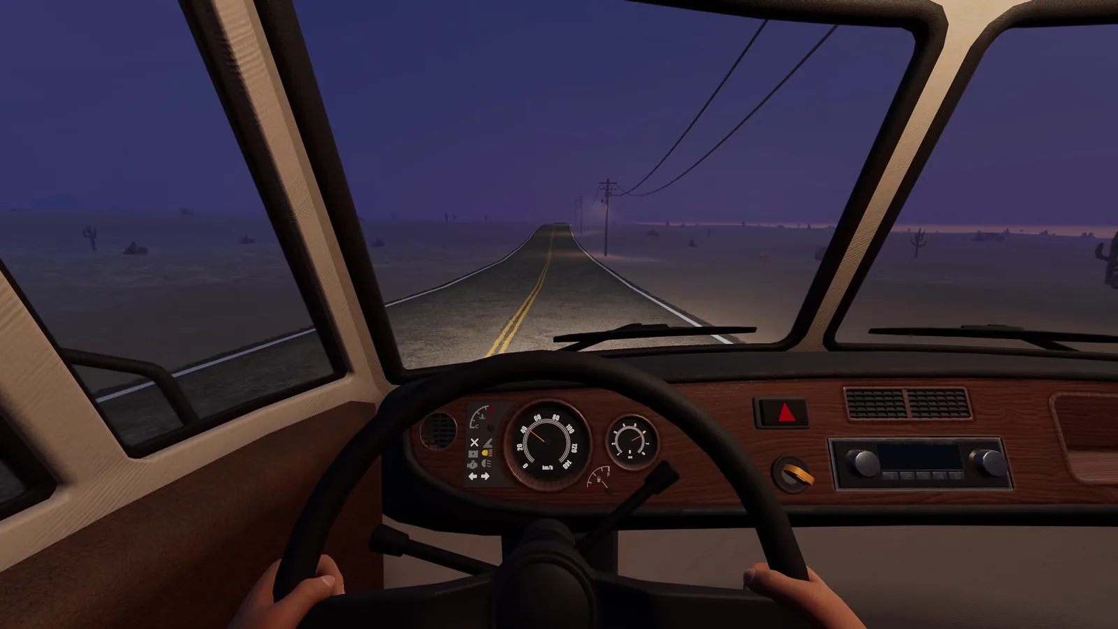 Driving the RV down an empty highway at dusk in Nomad Drive, dashboard lit and the road fading into the distance