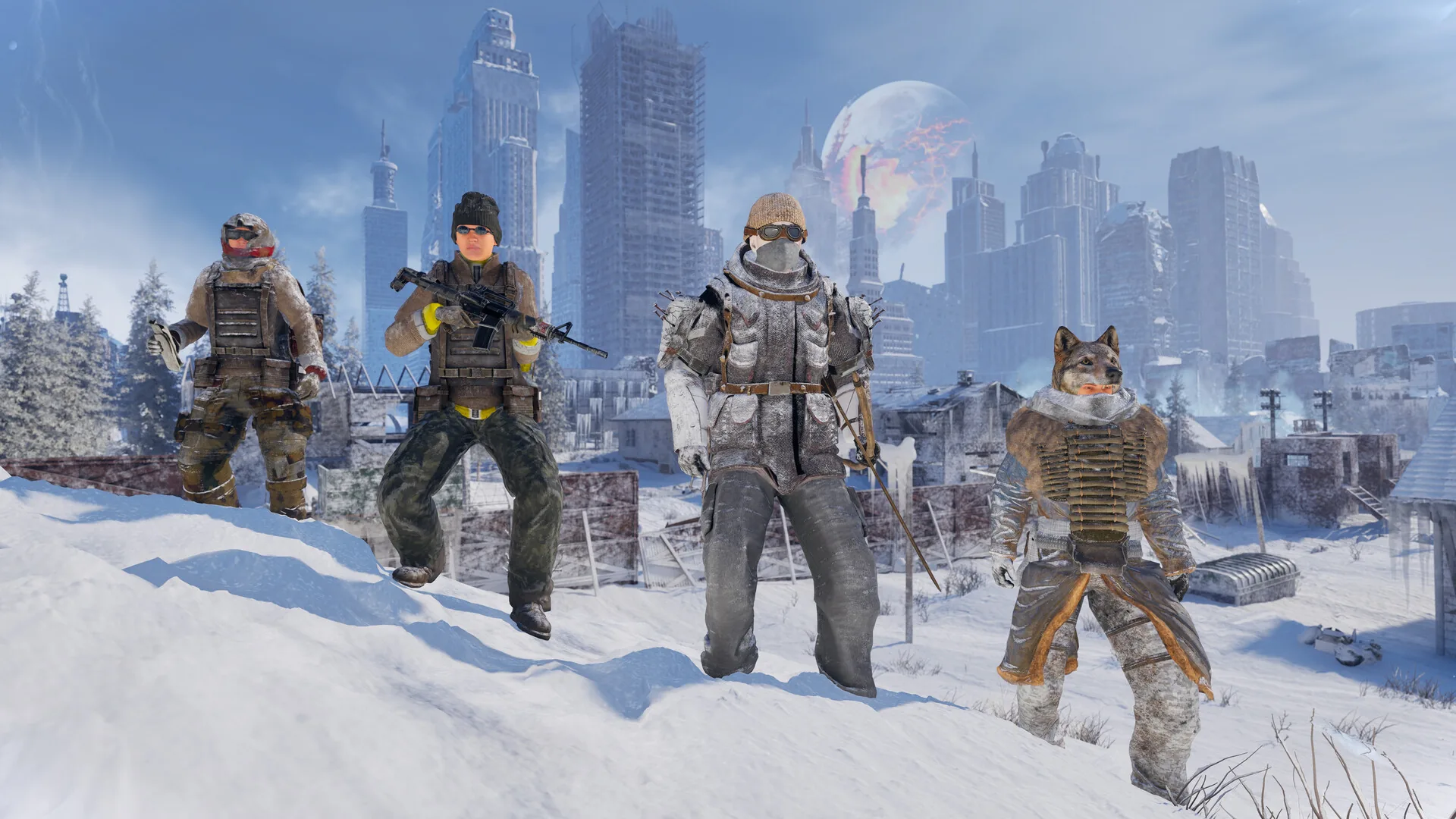 Four Permafrost players and a dog standing together in a frozen city