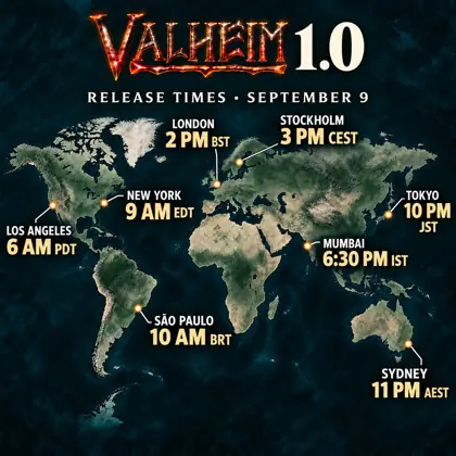 Valheim 1.0 release times marked across a world map of eight cities