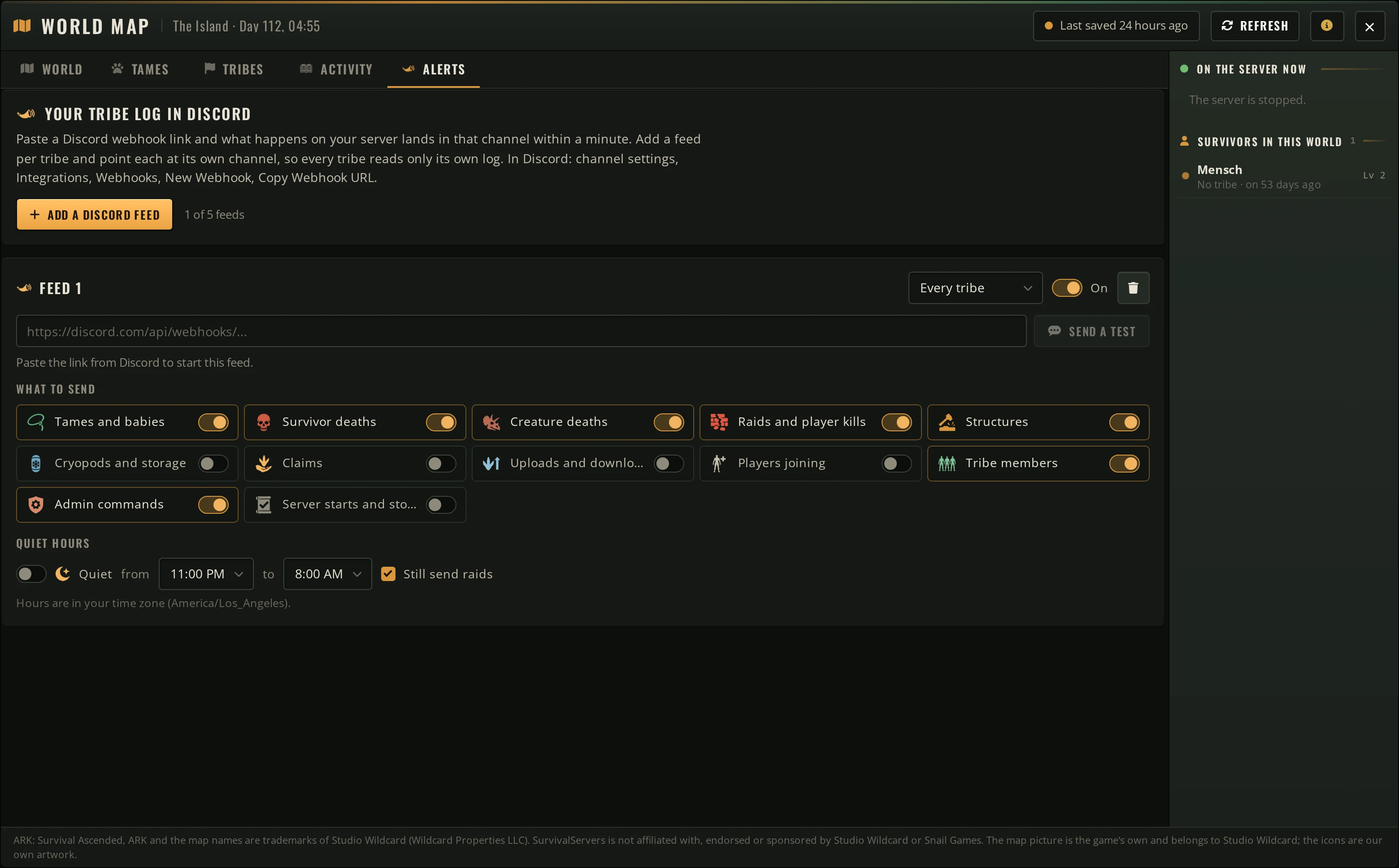 Alertas de Discord del registro de tribu para un servidor de ARK: Survival Ascended: un solo feed con sus interruptores de eventos y sus horas de silencio