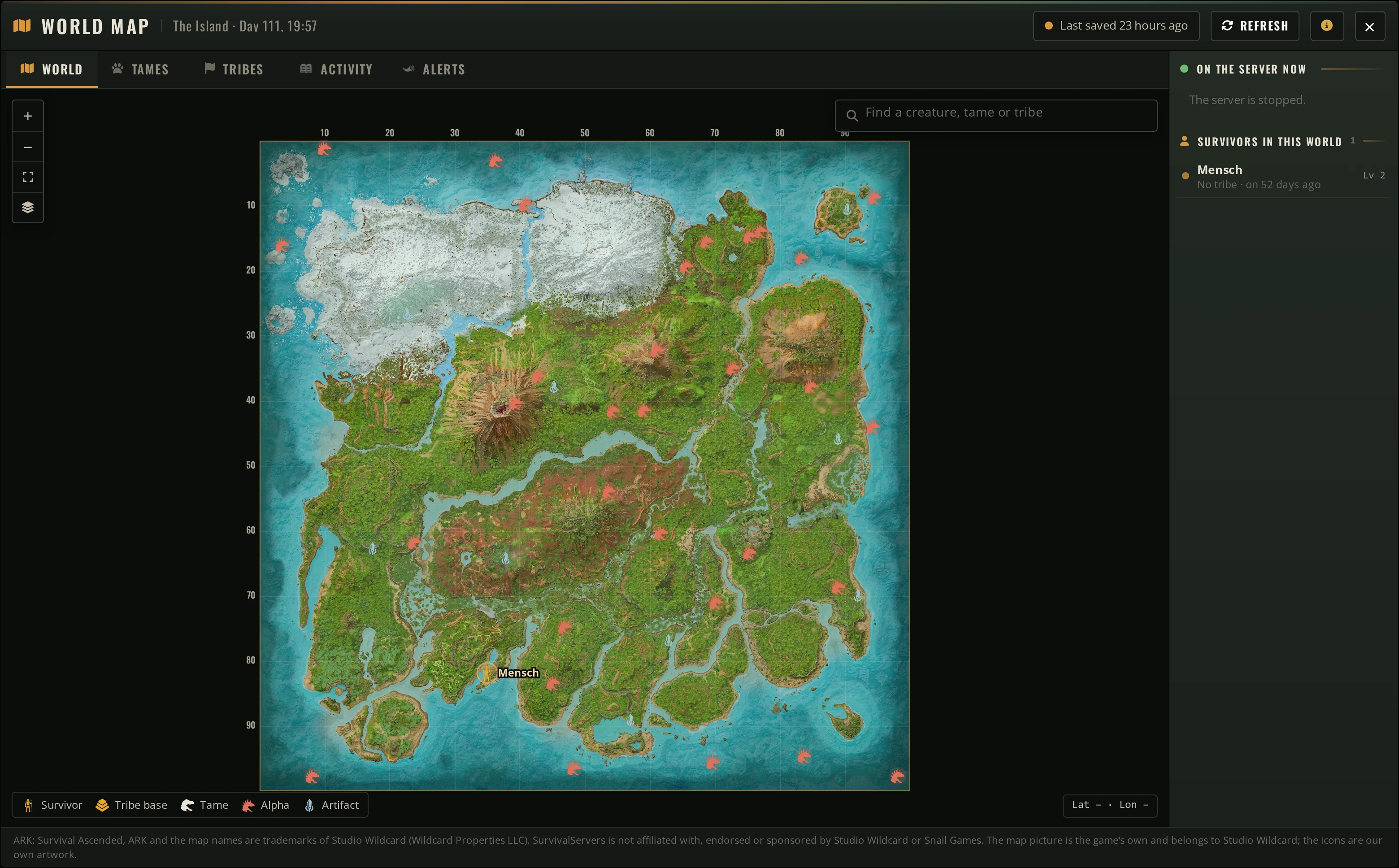 Mapa del mundo de un servidor de ARK: Survival Ascended con supervivientes, alfas y artefactos en The Island
