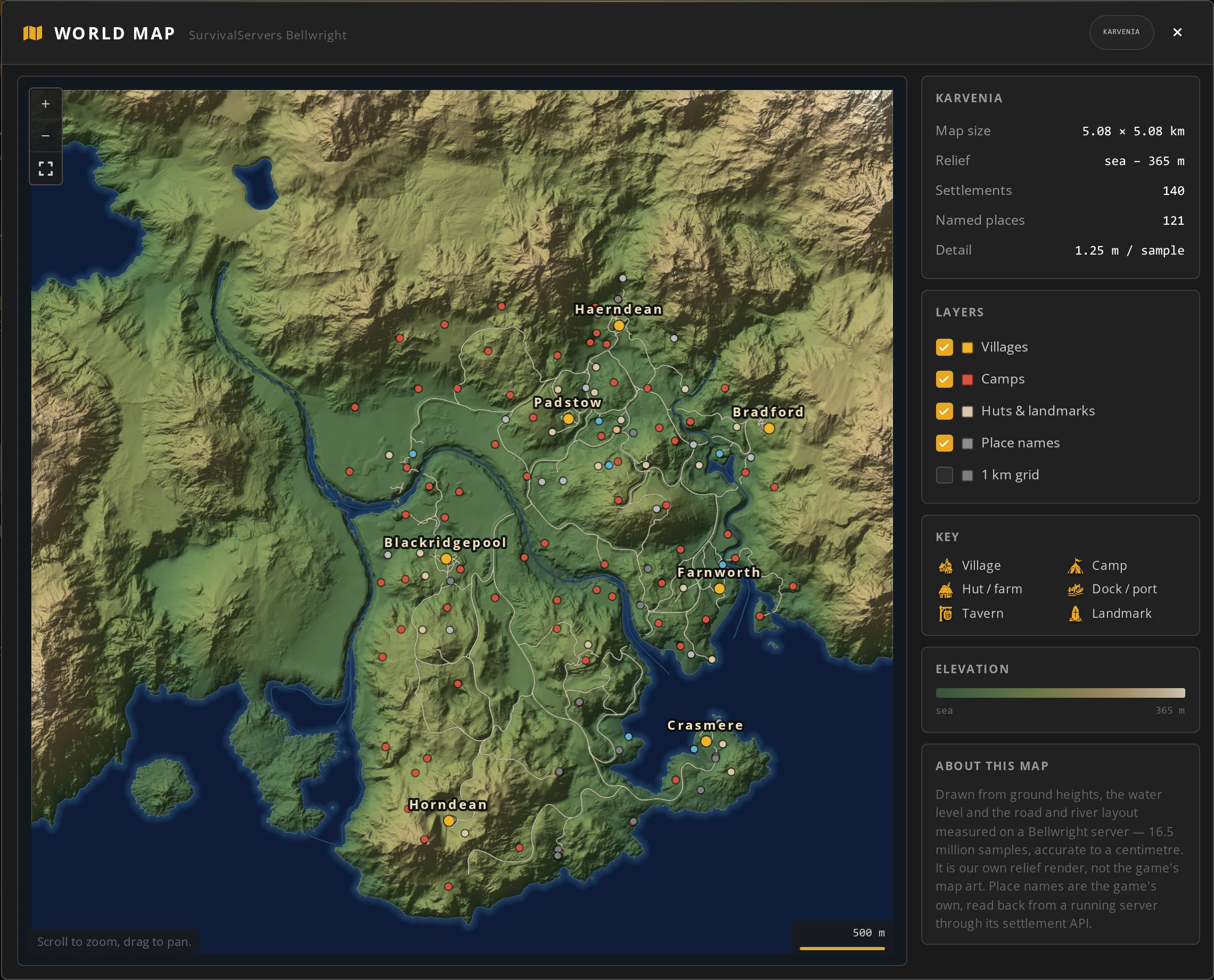 The Bellwright World Map tool in the SurvivalServers control panel - a measured relief map of Karvenia with roads, rivers and named settlements including Blackridgepool, Padstow and Haerndean