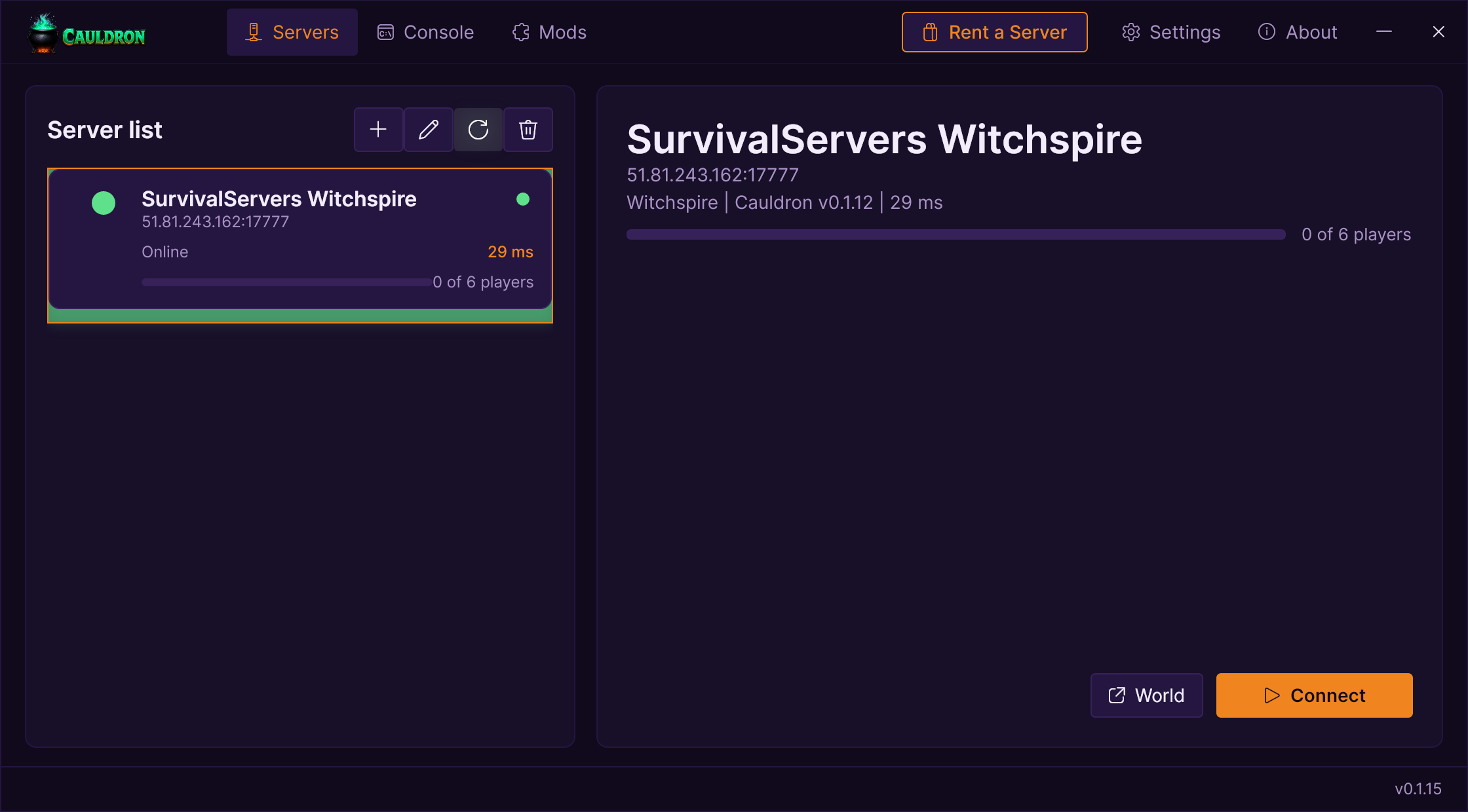 Der kostenlose Cauldron-Launcher, per IP und Port mit einem gehosteten Witchspire Dedicated Server verbunden