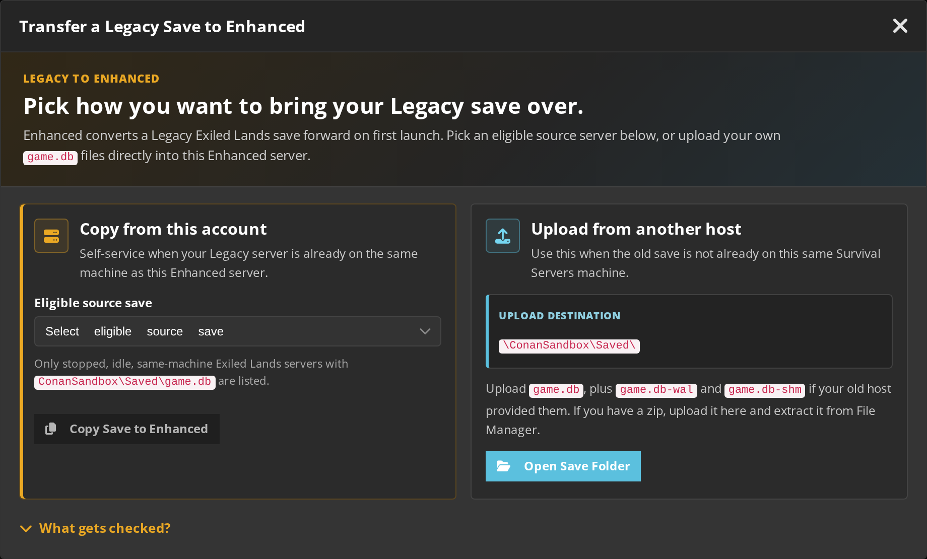 One-click Legacy to Enhanced save migration in your panel