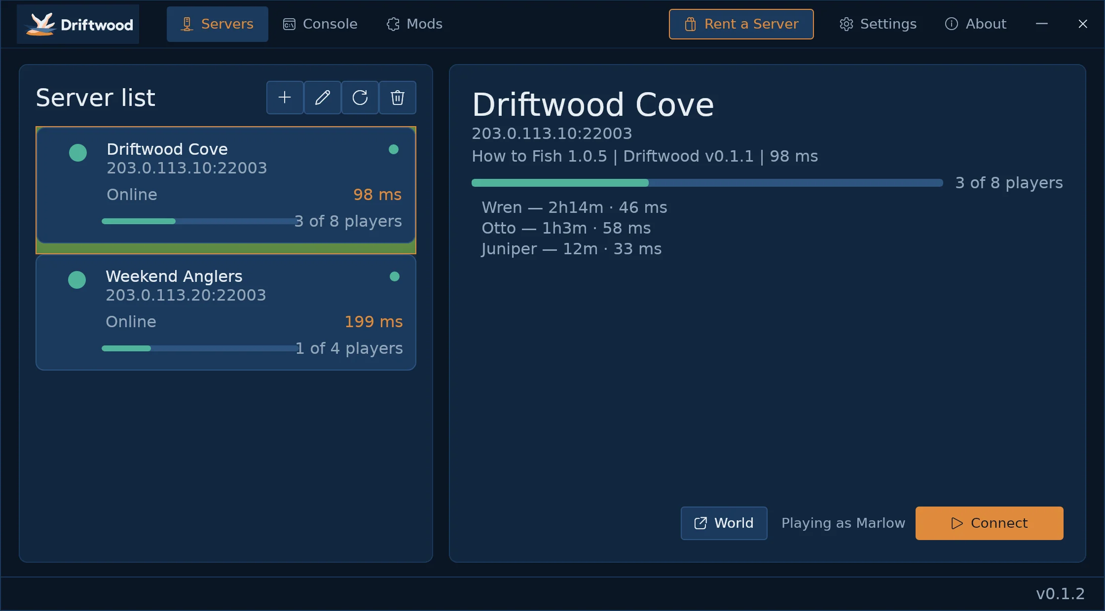 Der kostenlose Driftwood-Launcher, per Adresse mit einem gehosteten How to Fish Dedicated Server verbunden