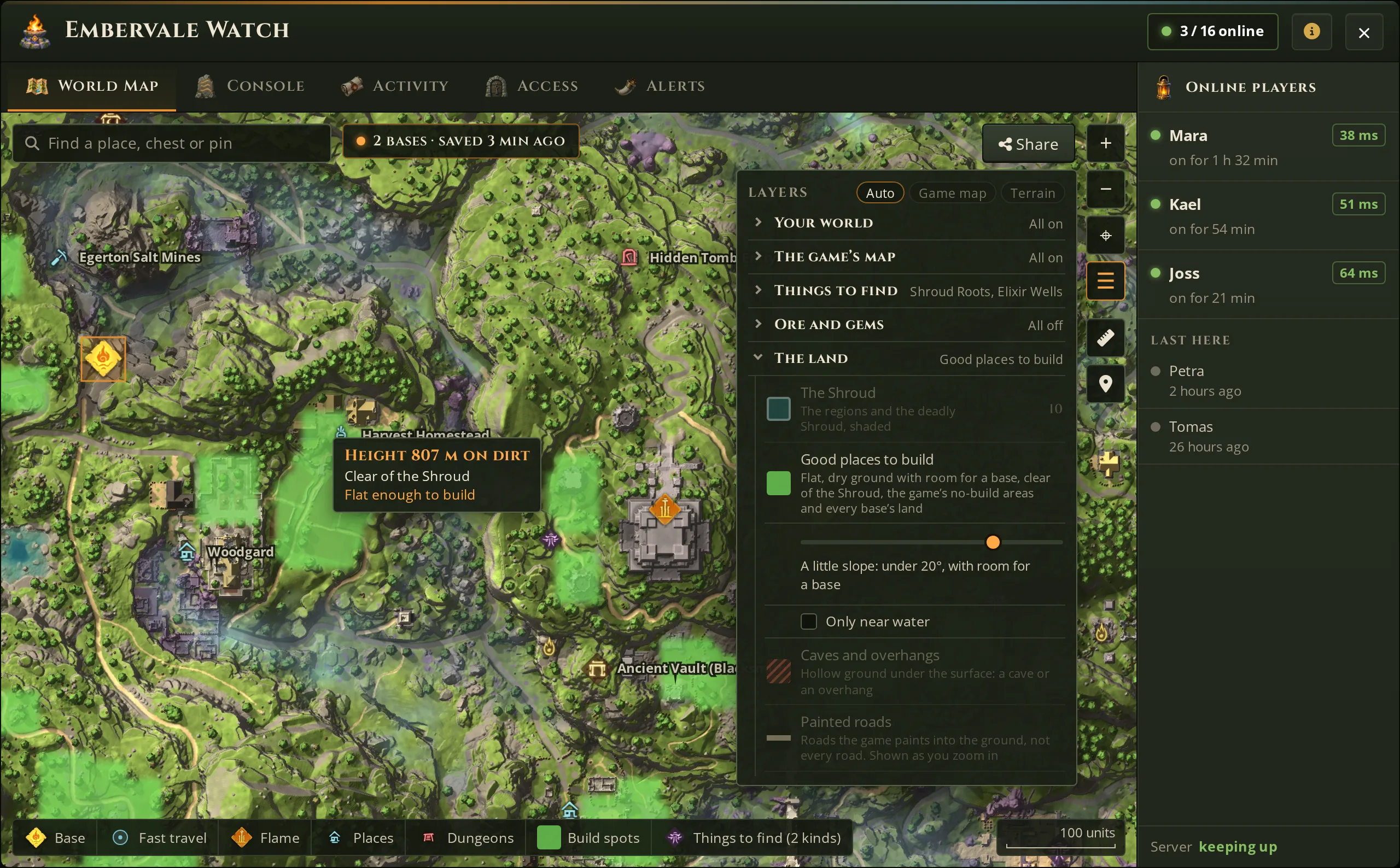 Embervale Watch mit guten Bauplätzen: flacher Boden grün markiert auf der Enshrouded Map, mit dem Regler für die Ebenheit im Menü „Ebenen“