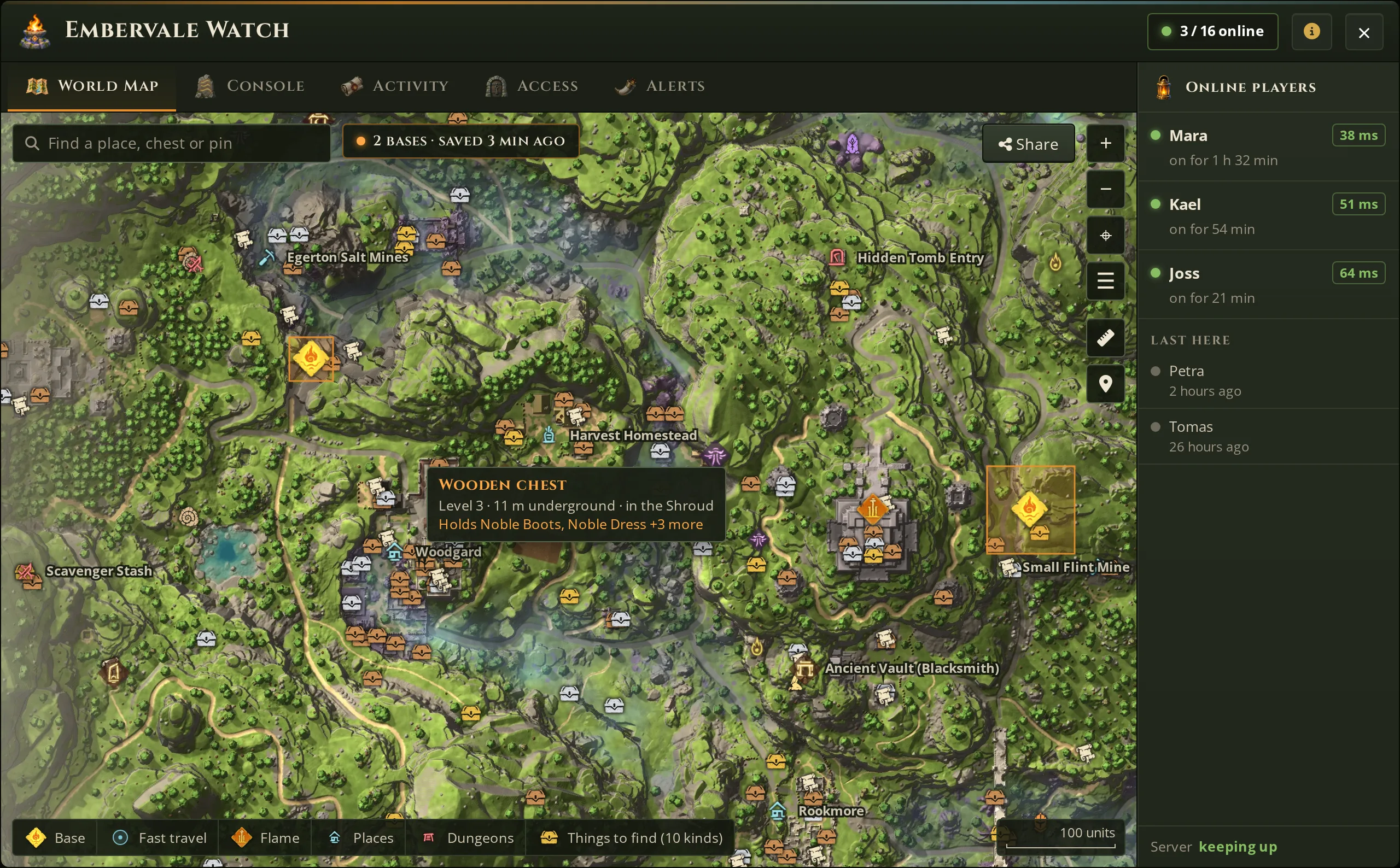 Embervale Watch mit Fundorten: Truhen und Lore auf der Enshrouded Map sowie eine Holztruhe mit ihrem Level und ihrem Inhalt