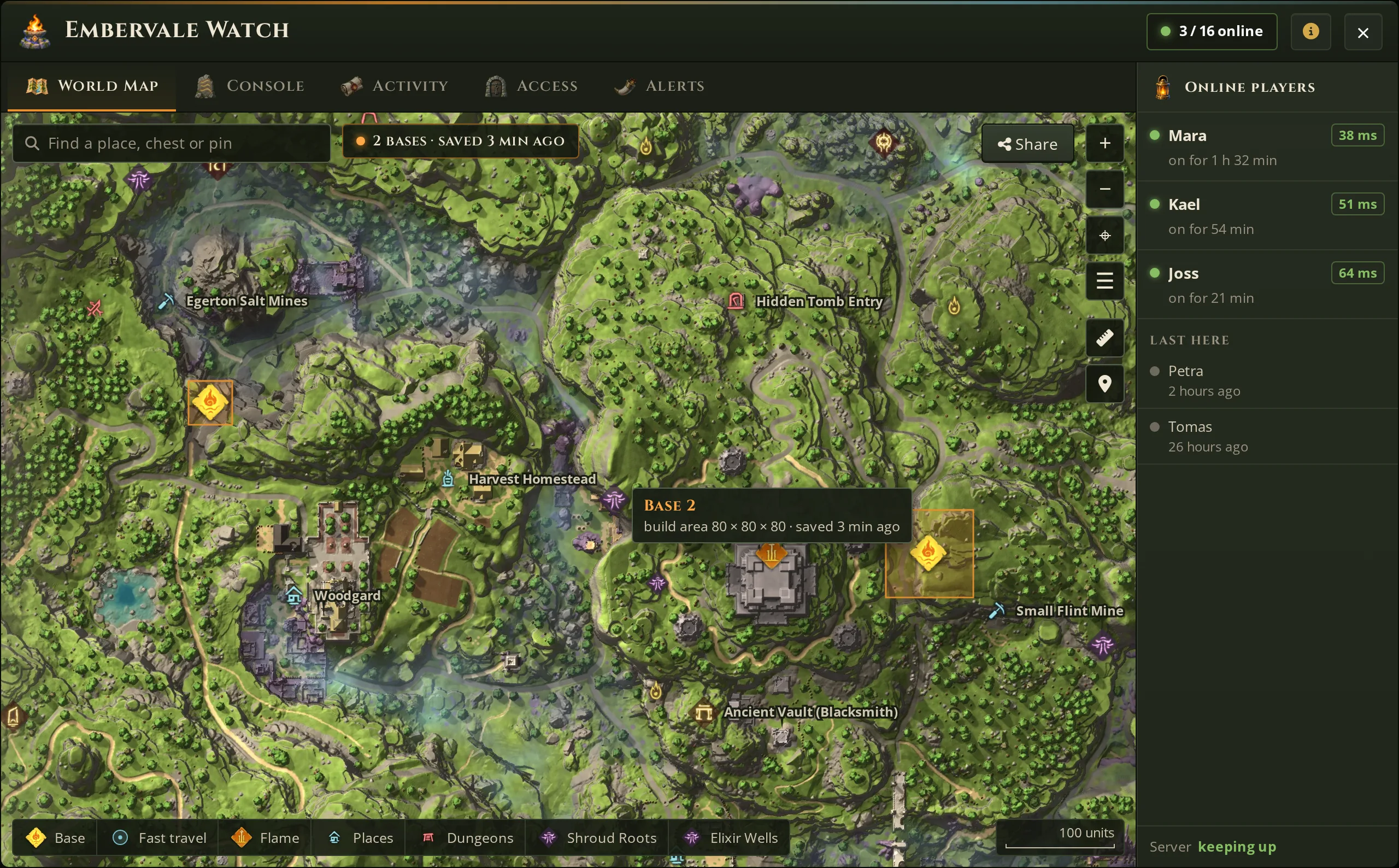 Embervale Watch Weltkarte eines Enshrouded Servers: das echte Gelände herangezoomt nahe Harvest Homestead, mit zwei Basen