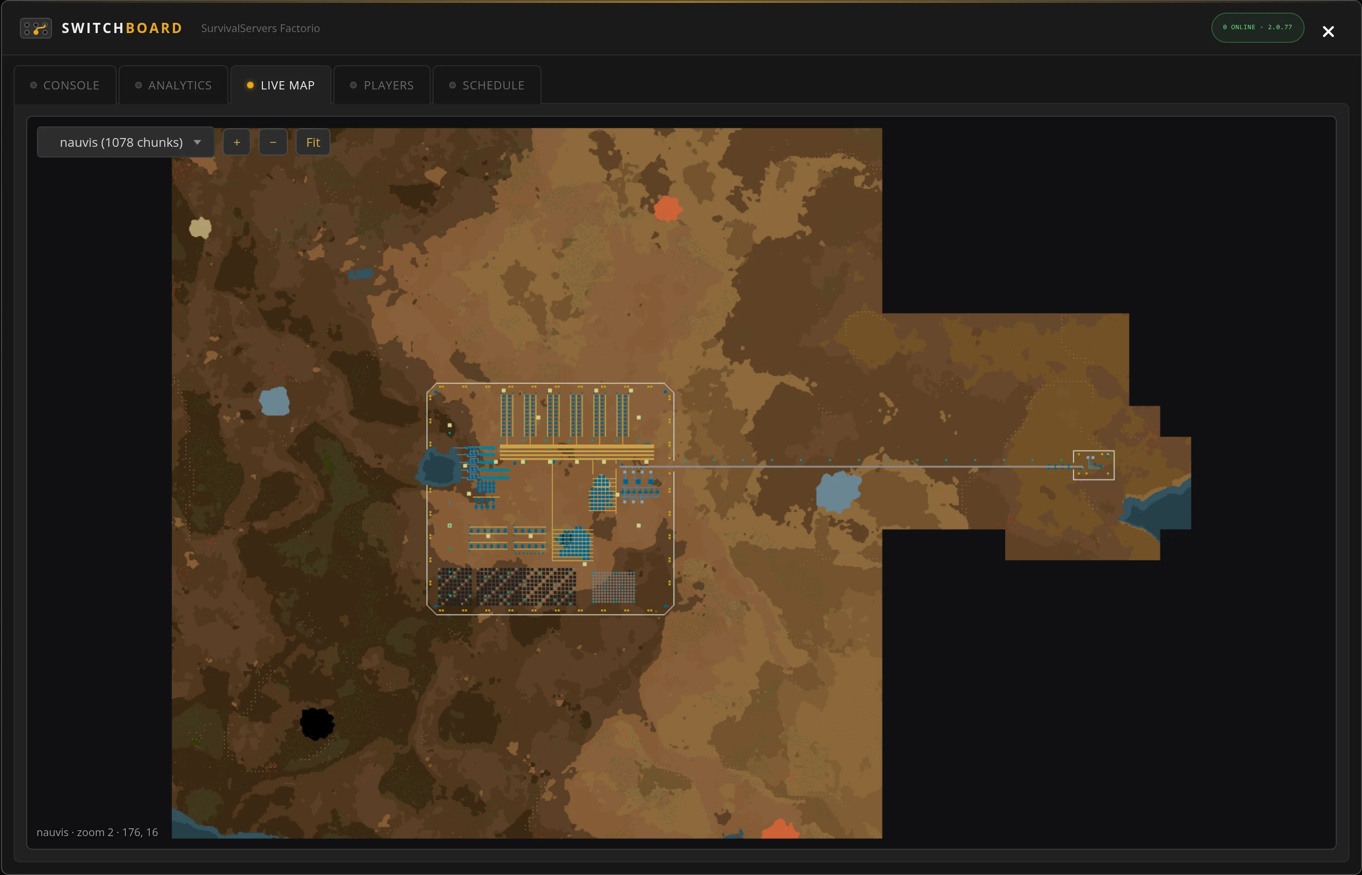 The Switchboard live factory map in the SurvivalServers control panel - the whole charted Factorio world with a walled base, rail line and pumpjack outpost rendered live from the server