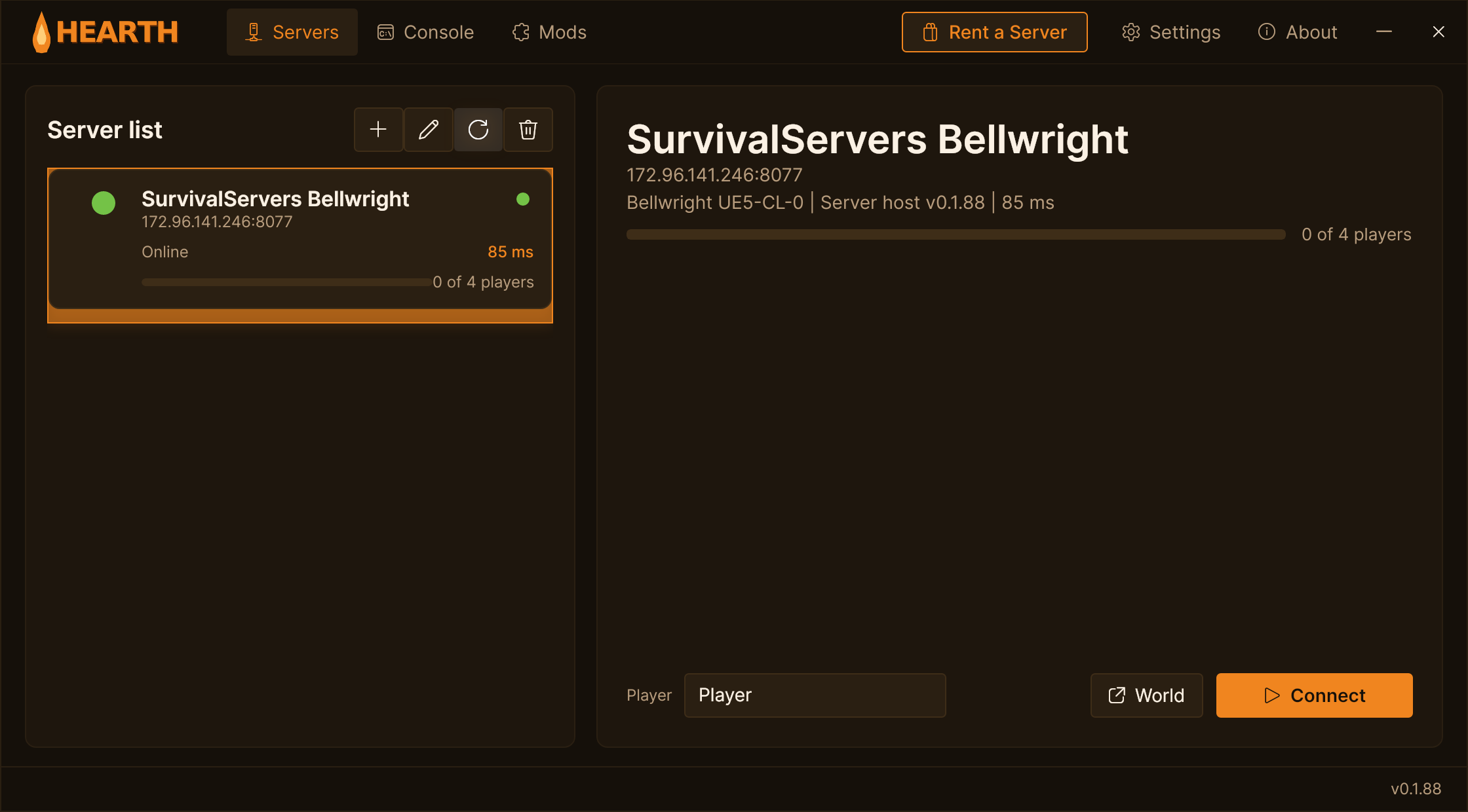The free Hearth launcher connected to a hosted Bellwright dedicated server by IP and port