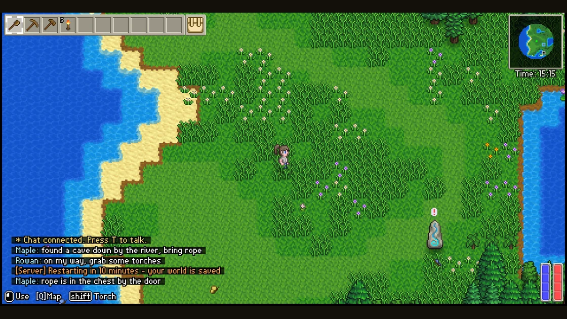 In-game chat on a Lodestone-hosted Delverium server, showing player messages and a server broadcast