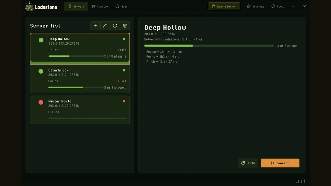 The Lodestone app listing Delverium servers with their status, ping and player counts, and a Connect button