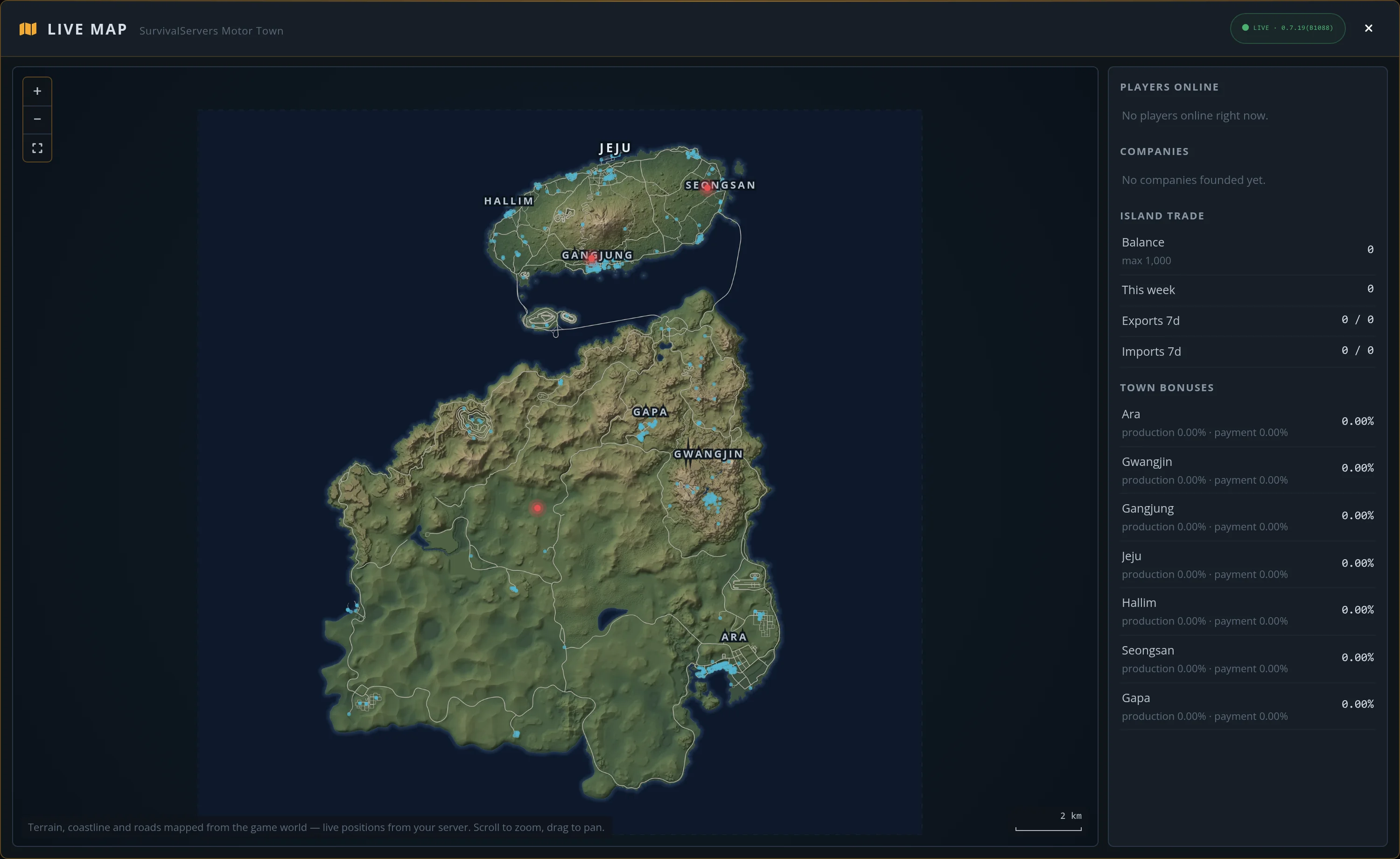 Die Motor Town Live Map im SurvivalServers-Webinterface – vermessenes Gelände, Straßen, Städte, Live-Spieler und die Insel-Handelsübersicht