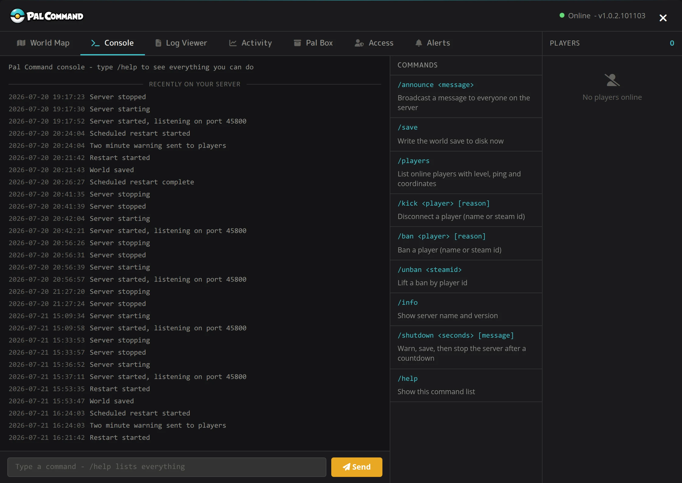 Pal Command web console dashboard preview