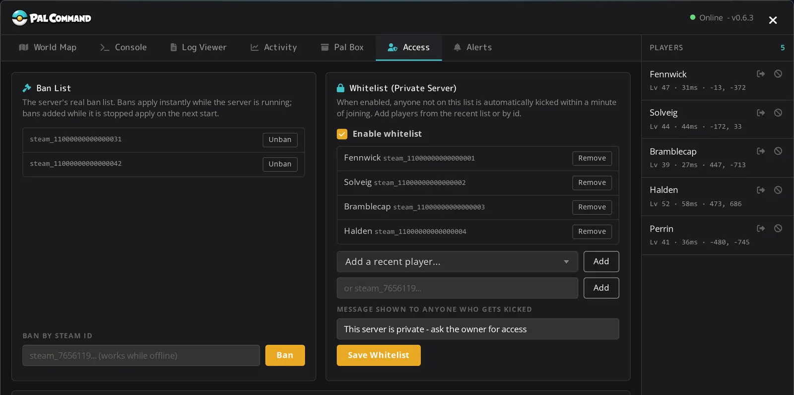 Pal Command ban list and private server whitelist