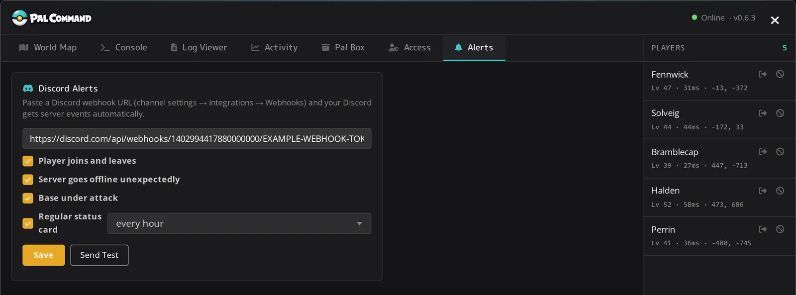 Pal Command Discord alert settings