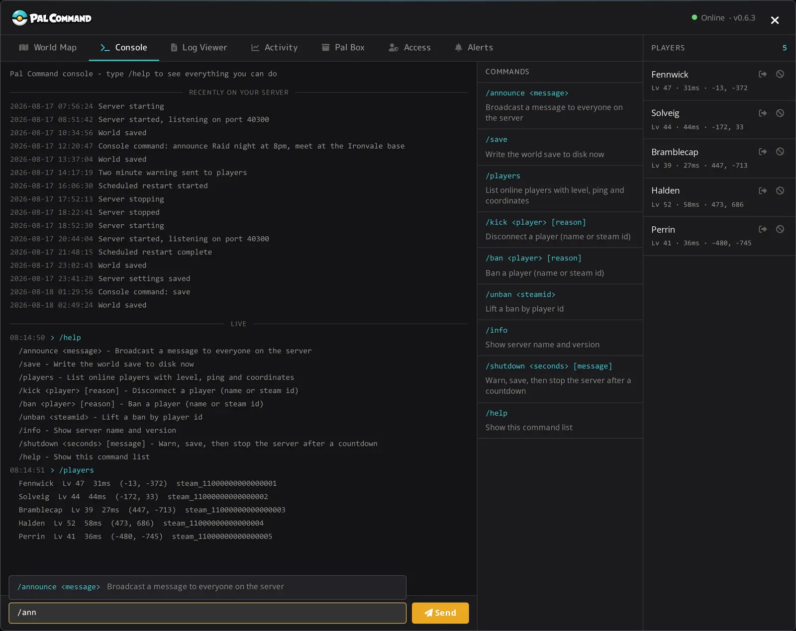 Pal Command web console with command autocomplete