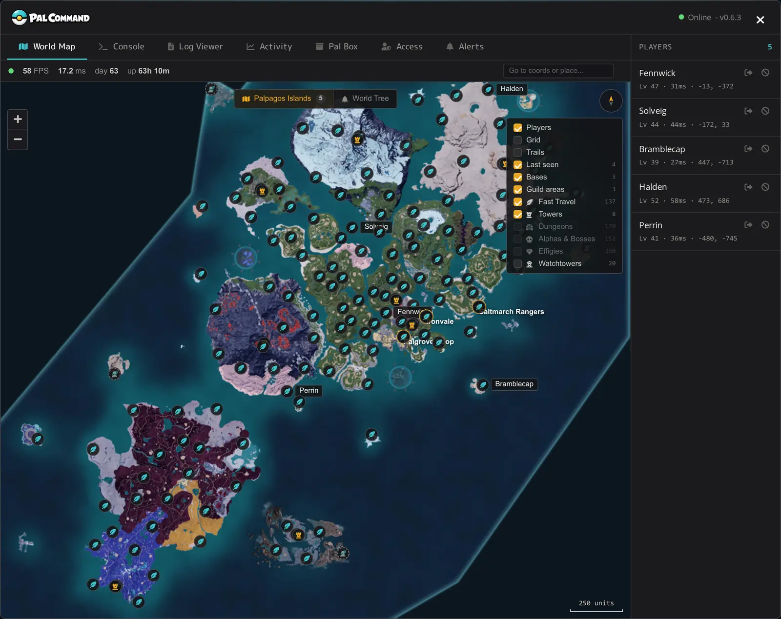 Pal Command live Palworld world map with players and base camps