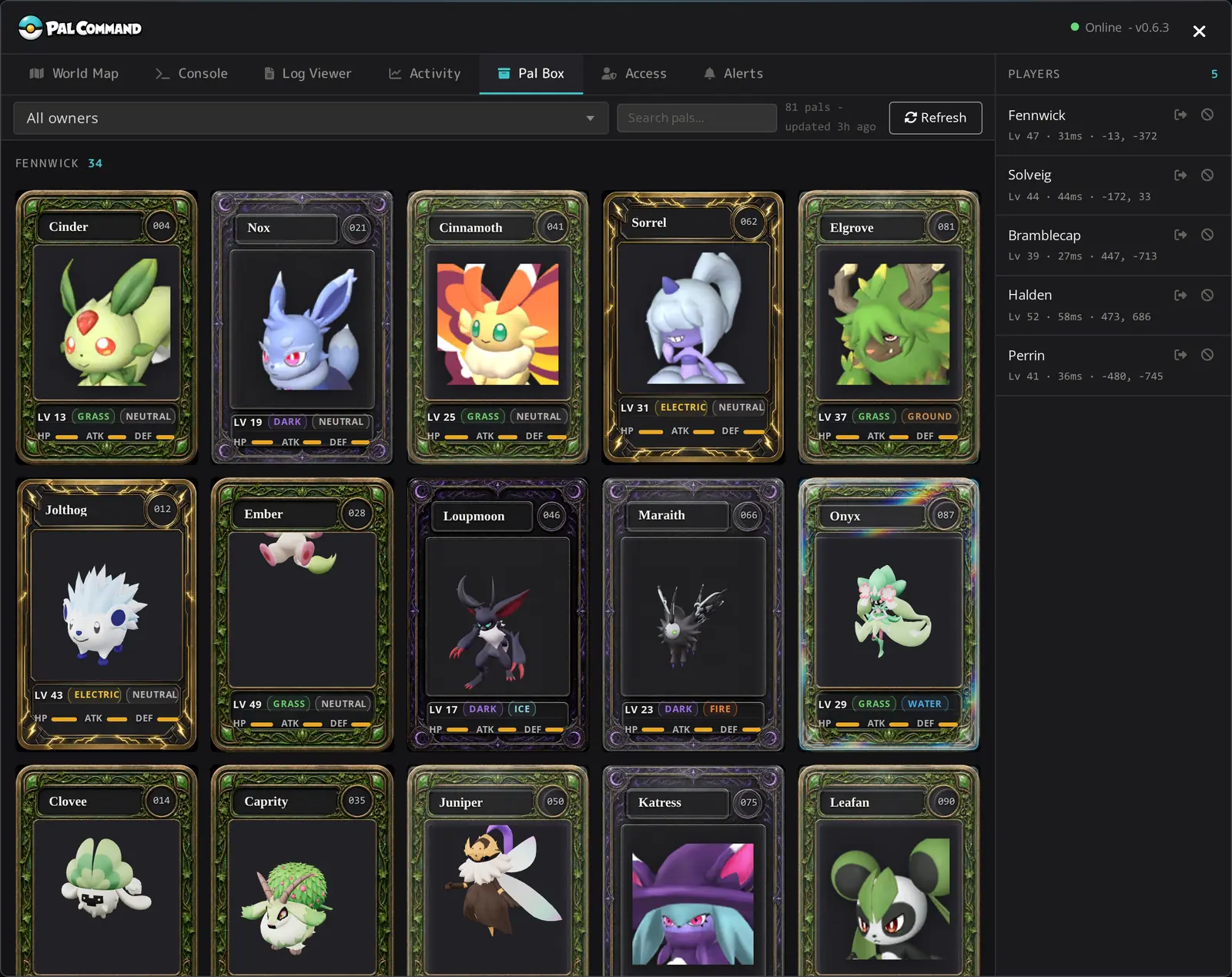 Pal Command Pal Box browser with collectible-style pal cards