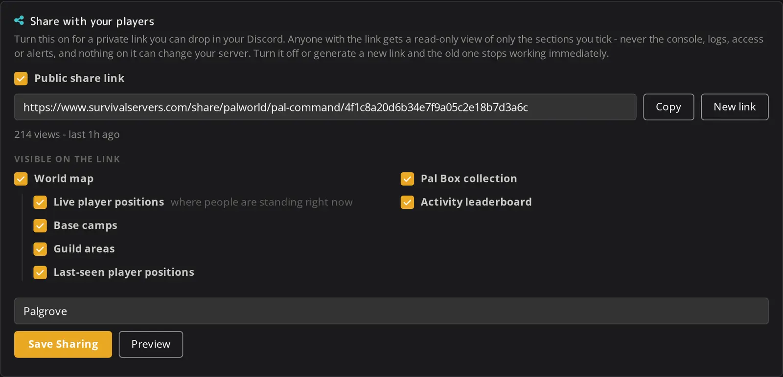 Pal Command public share link settings