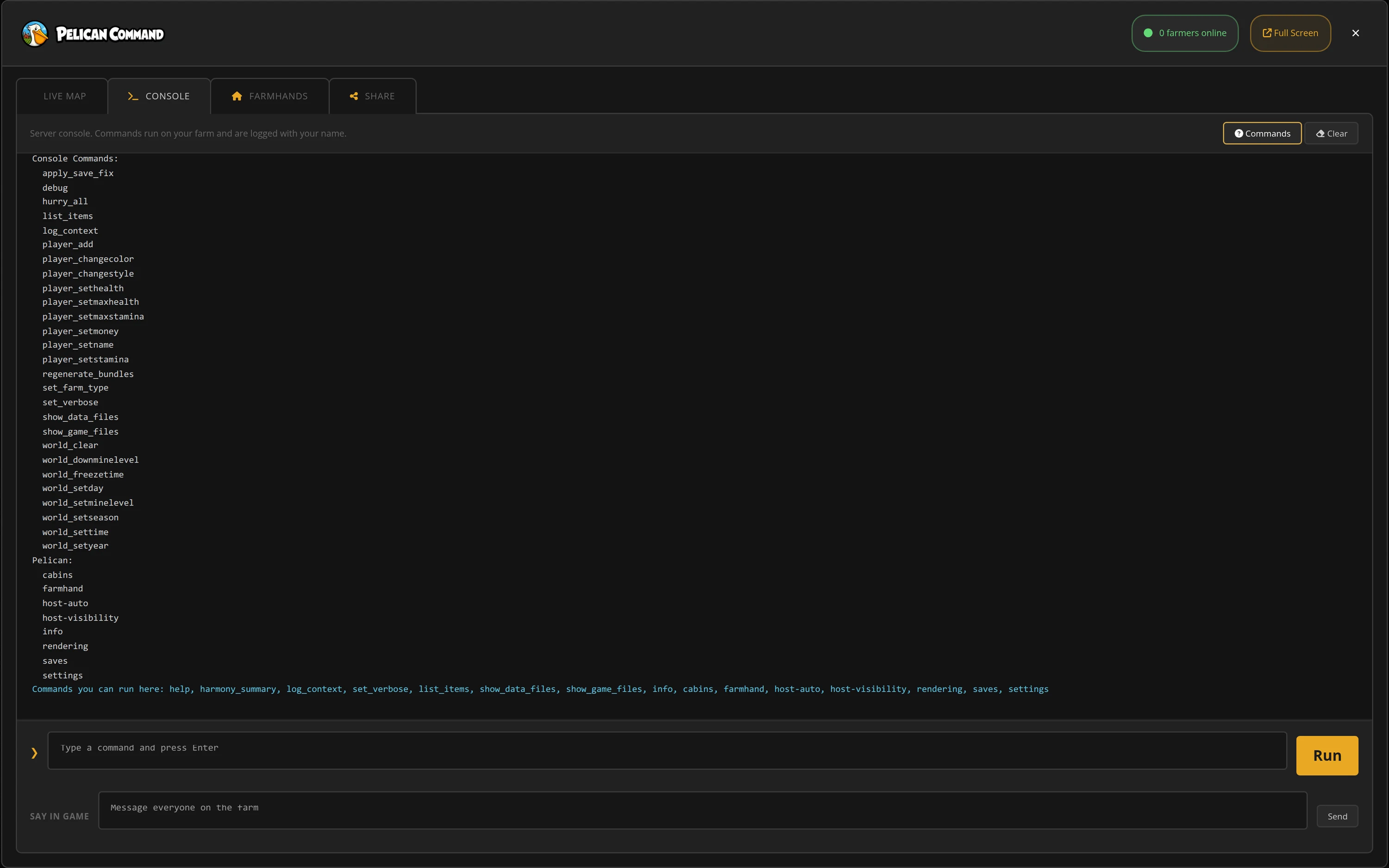 Pelican Command dashboard on the Console tab, listing the server commands it allows