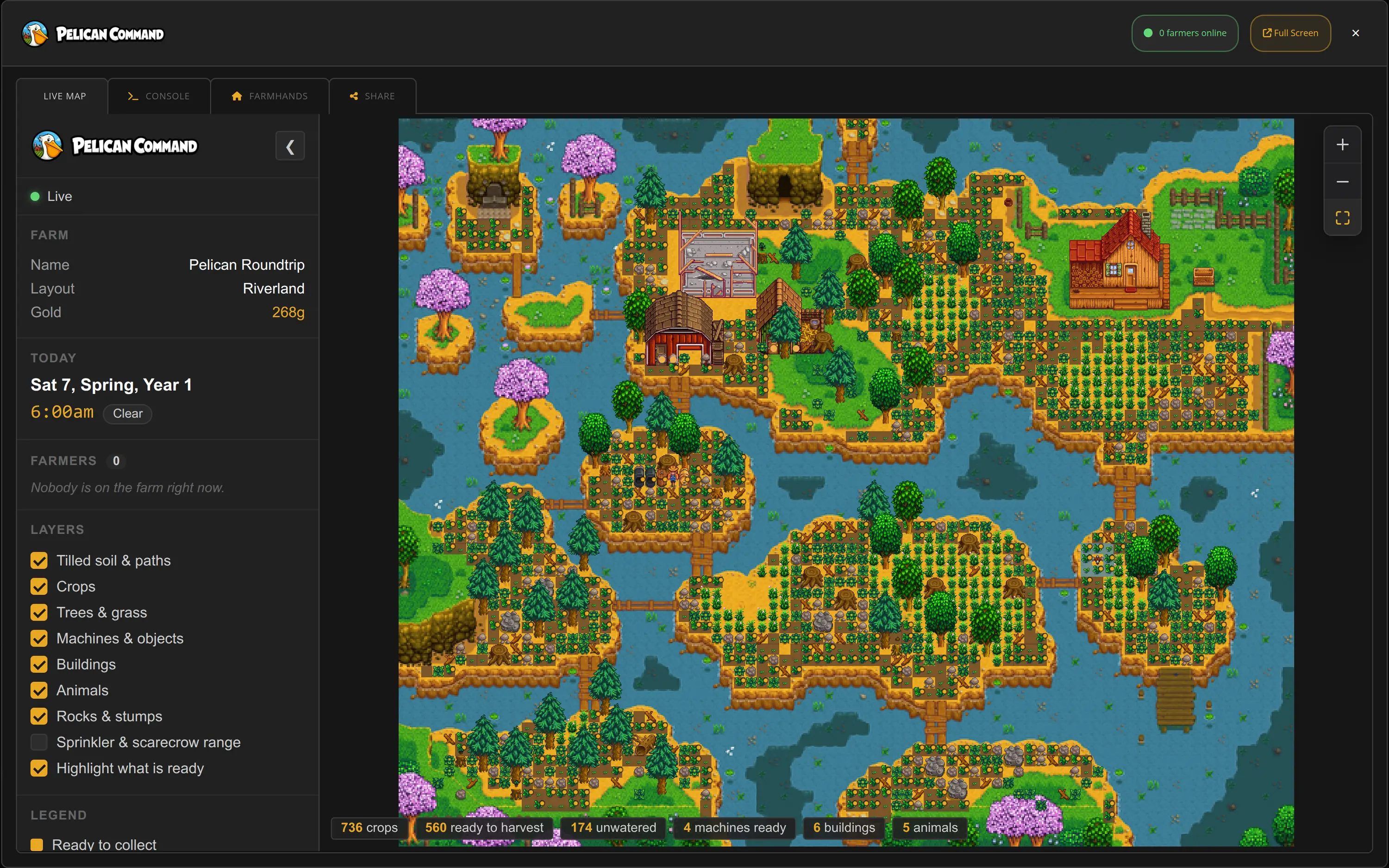 Pelican Command dashboard on the Live Map tab, showing a Riverland farm full of crops with ready-to-harvest highlights, a barn and coop, machines, trees and stones