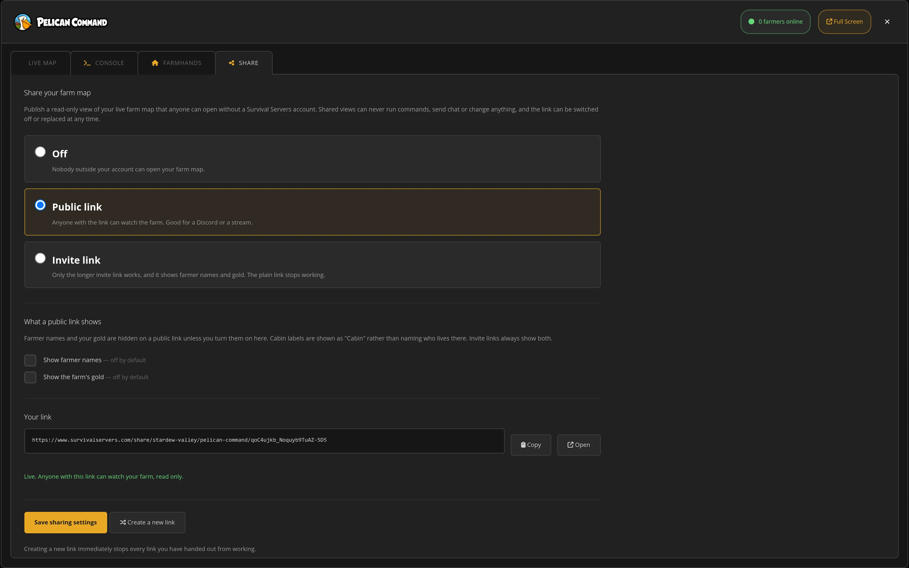 Pelican Command dashboard on the Share tab, with a public read-only farm map link switched on