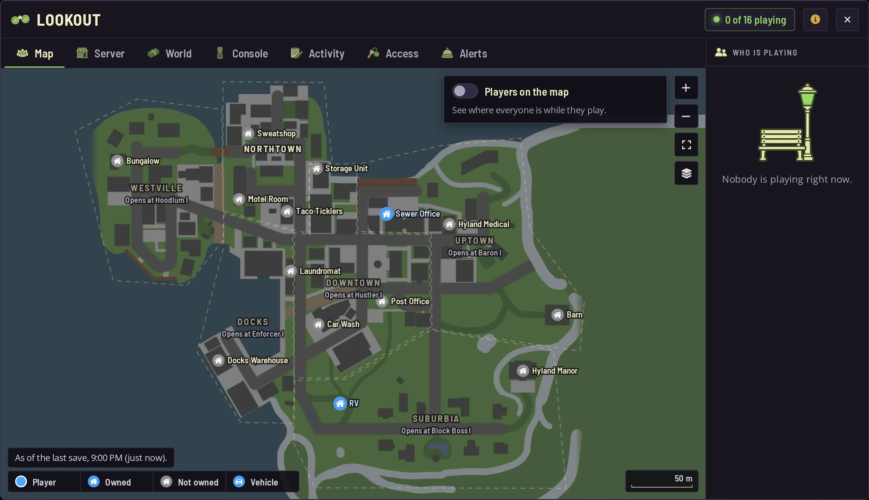 El mapa del panel de control de un servidor de Schedule I: la ciudad de Hyland Point con sus barrios y todas las propiedades y negocios, los dos que posee el equipo en azul
