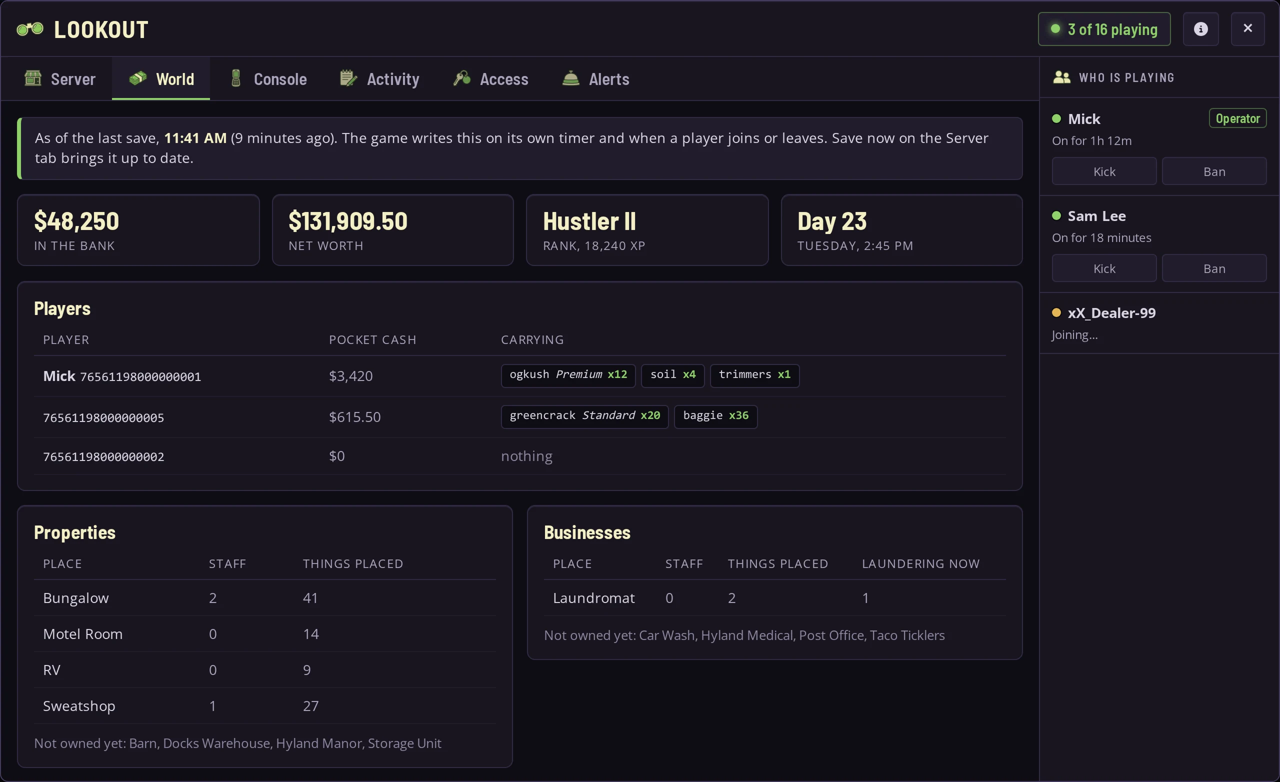 La vista del mundo del panel de control de un servidor de Schedule I: banco, patrimonio neto, rango y día, lo que lleva cada jugador, propiedades y negocios