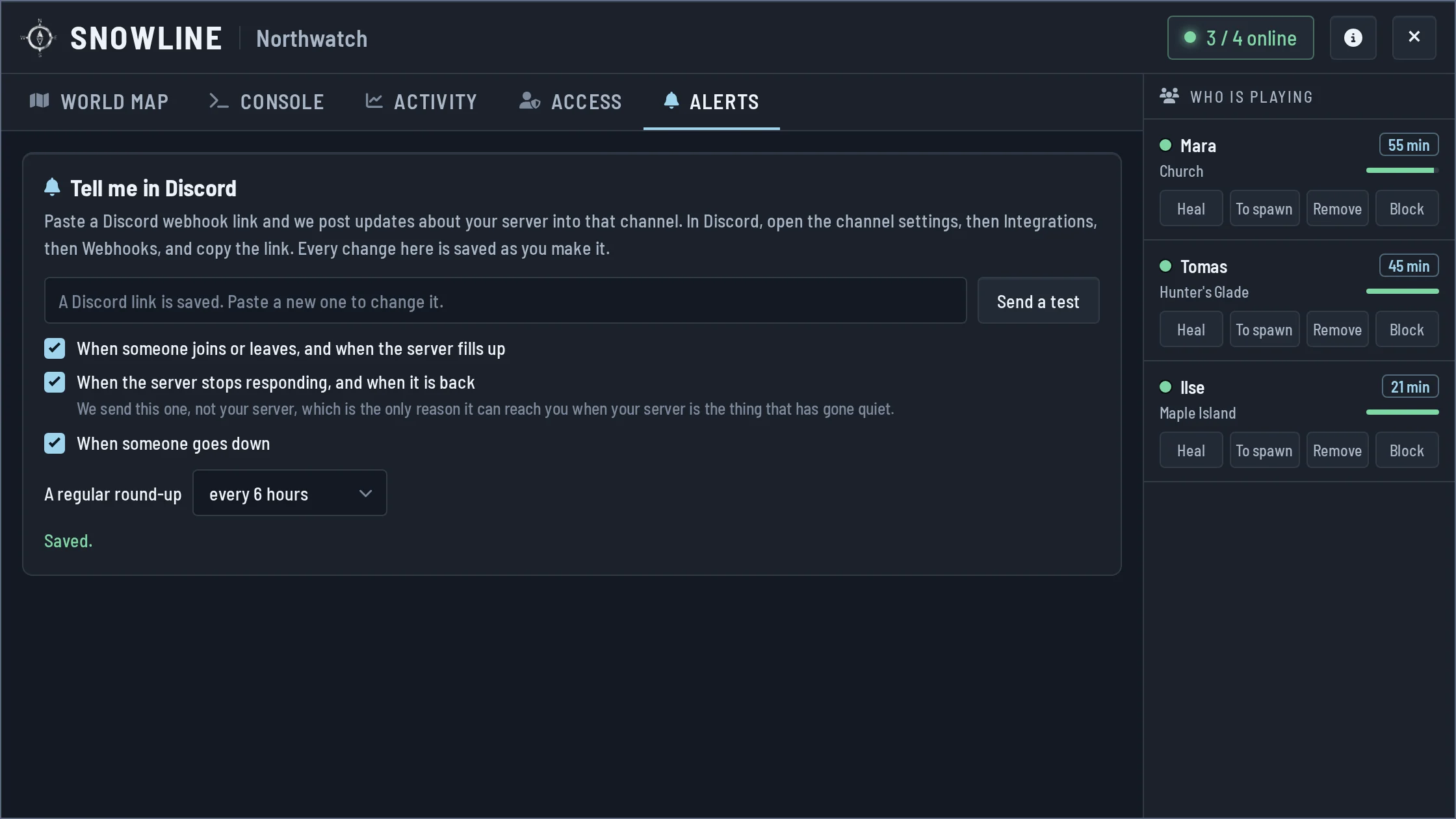 L’onglet alertes : un webhook Discord et les événements que le serveur publie