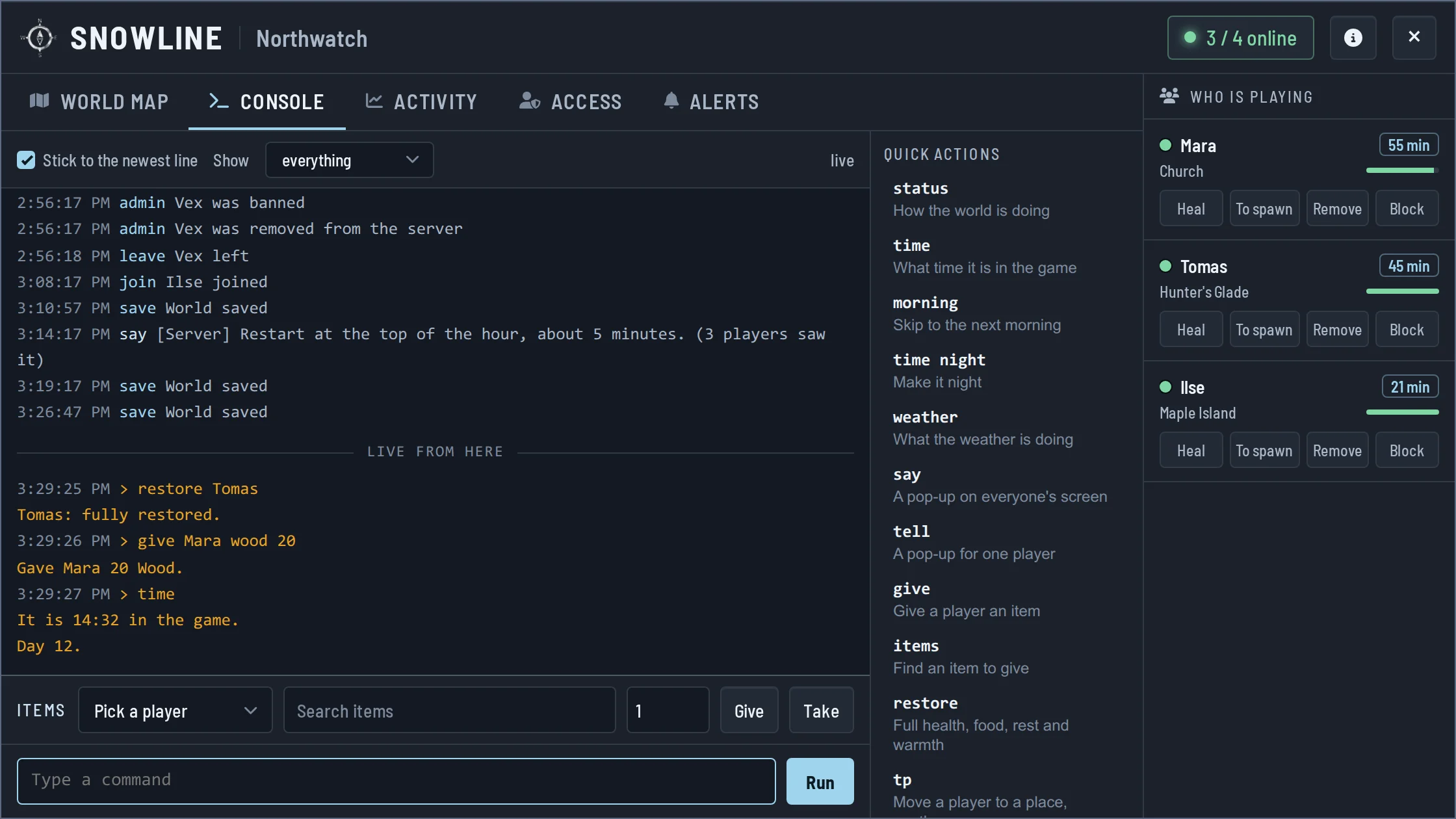 The Snowline console with the live server log and one-click commands