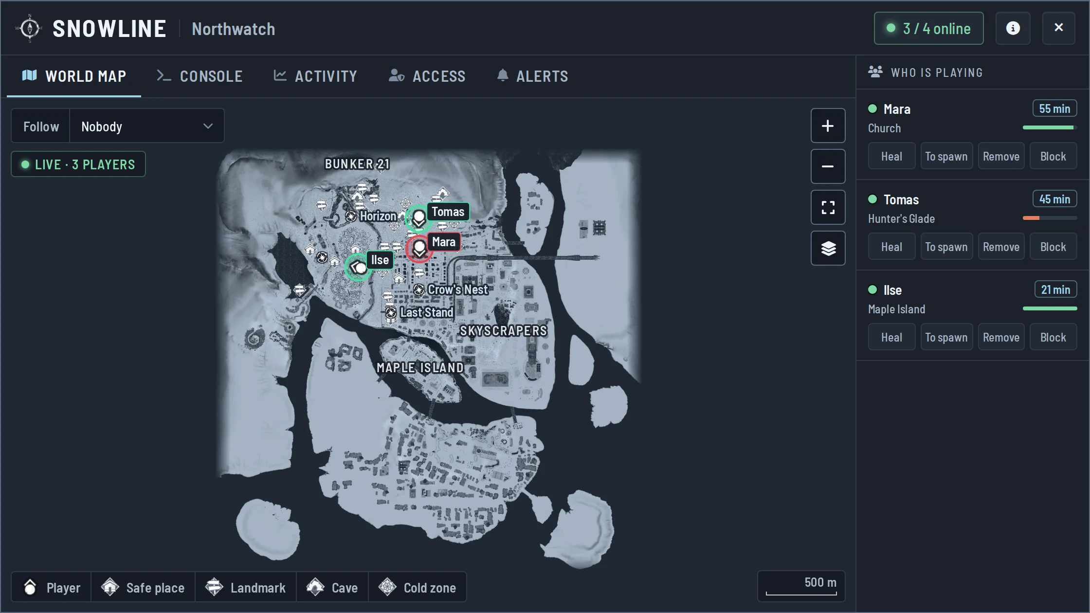 Snowline in the Survival Servers control panel showing the Permafrost world map with named places