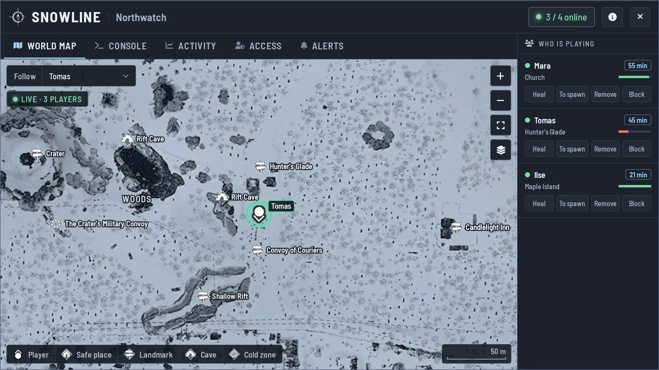 La carte du monde zoomée sur un joueur et qui le suit entre les grottes et les camps qui l’entourent