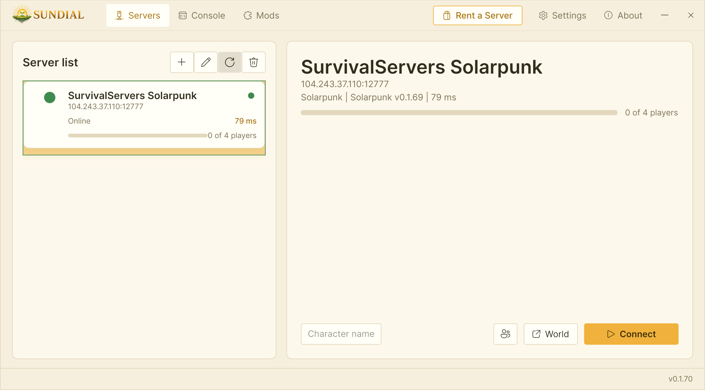 Sundial launcher connecting retail Solarpunk to a hosted dedicated server