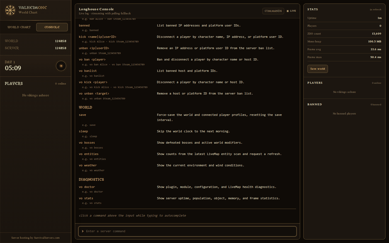 ValheimOne web admin console preview