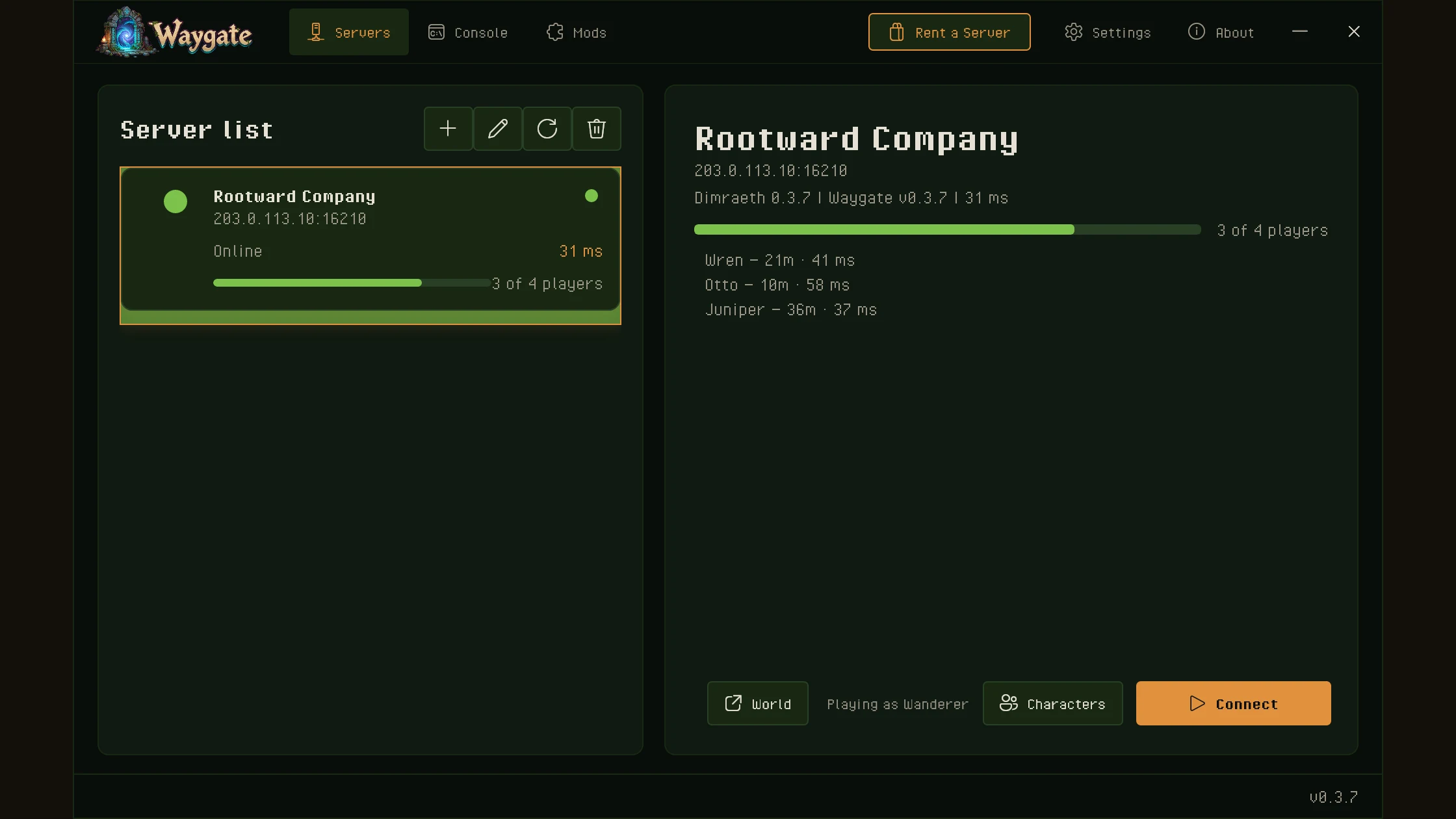 La app de Waygate: un servidor guardado con su estado, ping y número de jugadores, el botón Conectar y las pestañas Consola y Mods