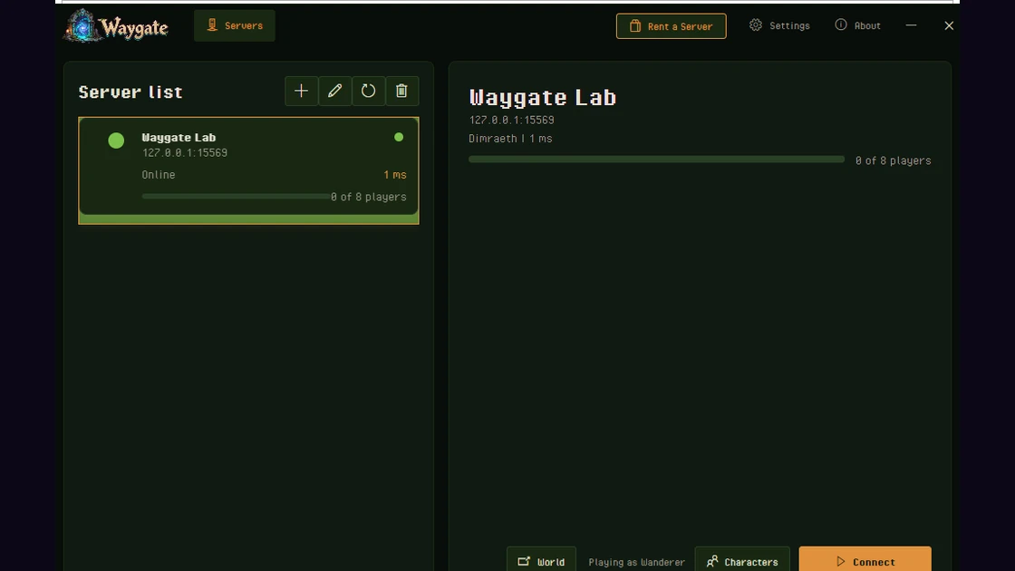 The Waygate app showing a saved Dimraeth server with its address, player count and a Connect button