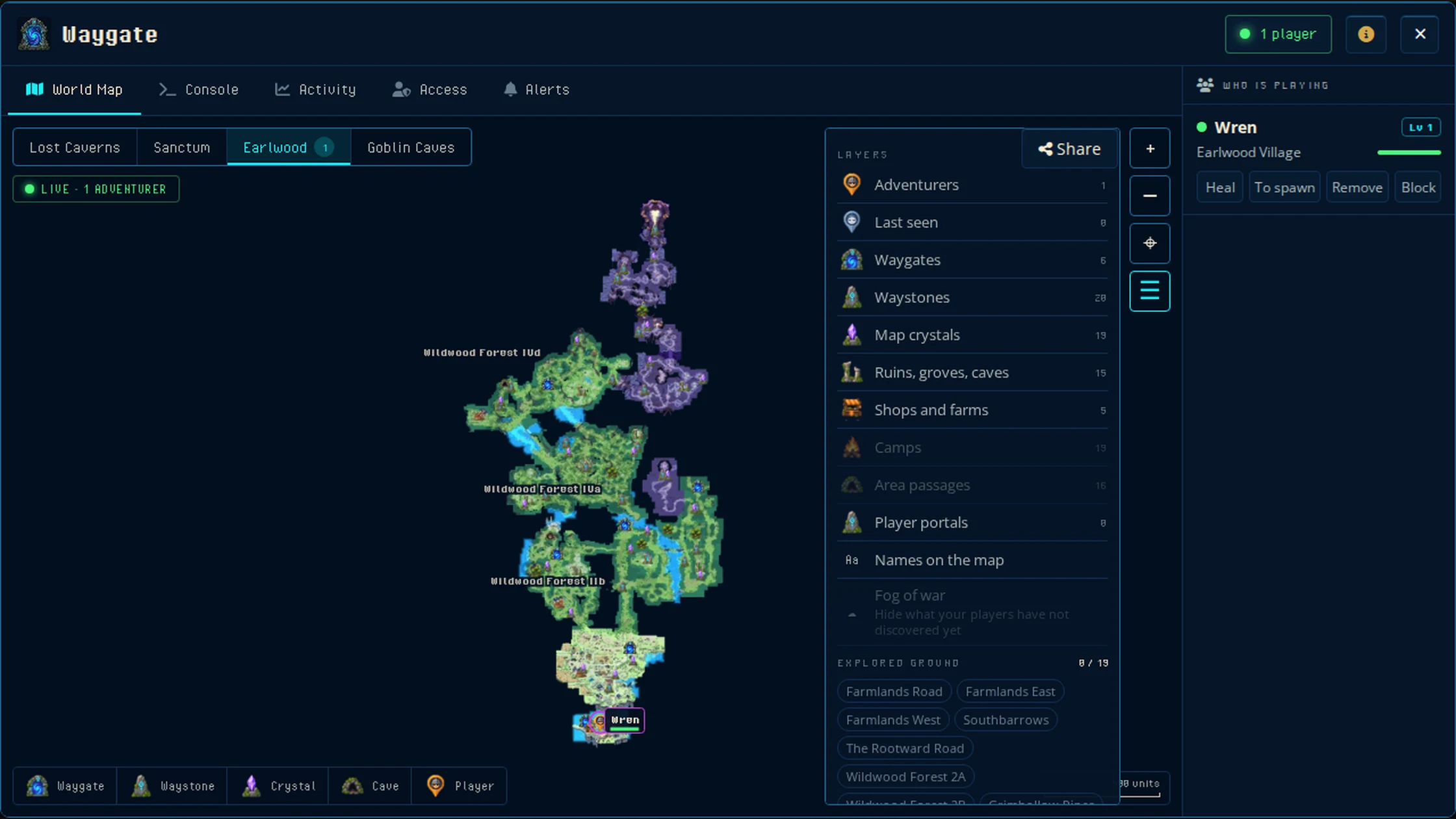 El menú de capas del mapa: cada tipo de marcador activado o desactivado, el interruptor de la niebla de guerra y la lista del terreno explorado