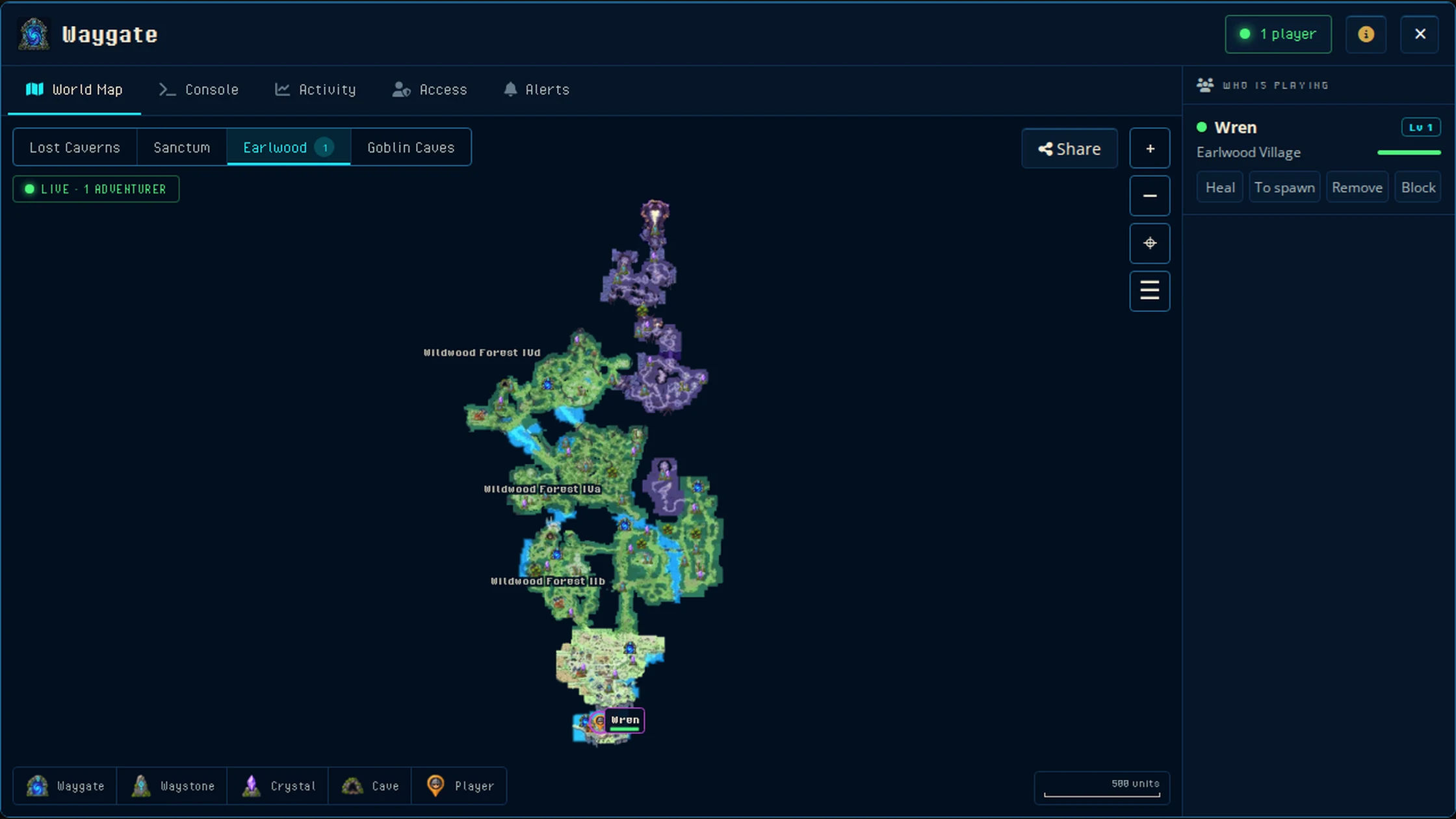 La herramienta Waygate en el panel de control: el mapa del mundo de Earlwood con cada Waygate, piedra guía y cristal de mapa marcados y un jugador en él en vivo