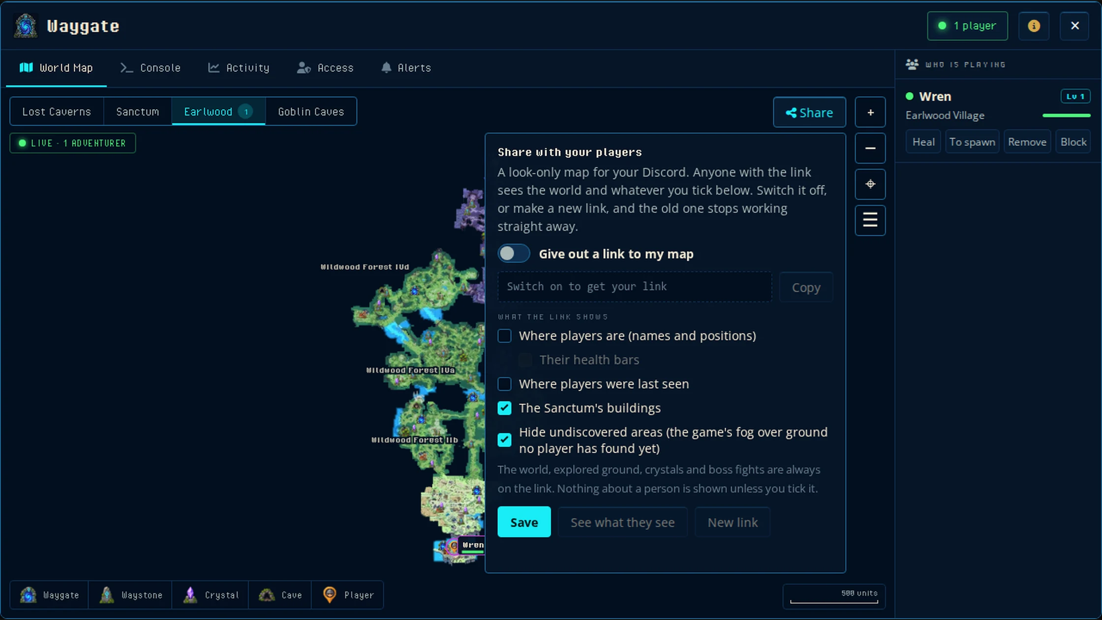 La tarjeta de compartir: un solo interruptor entrega un enlace de solo lectura al mapa para el Discord del grupo, con casillas para elegir qué muestra