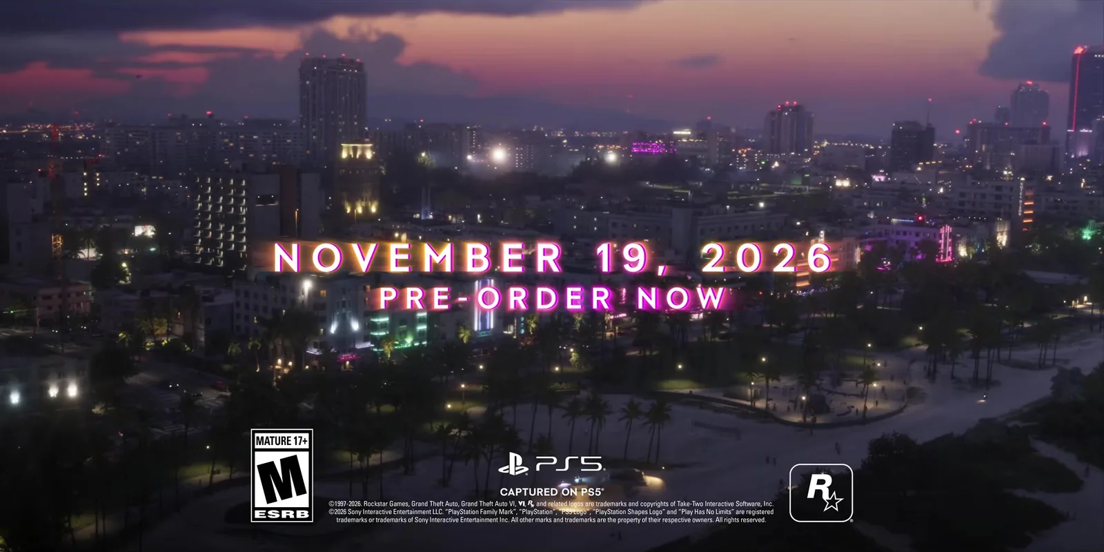 The GTA 6 launch trailer end card: November 19, 2026, pre-order now, captured on PS5